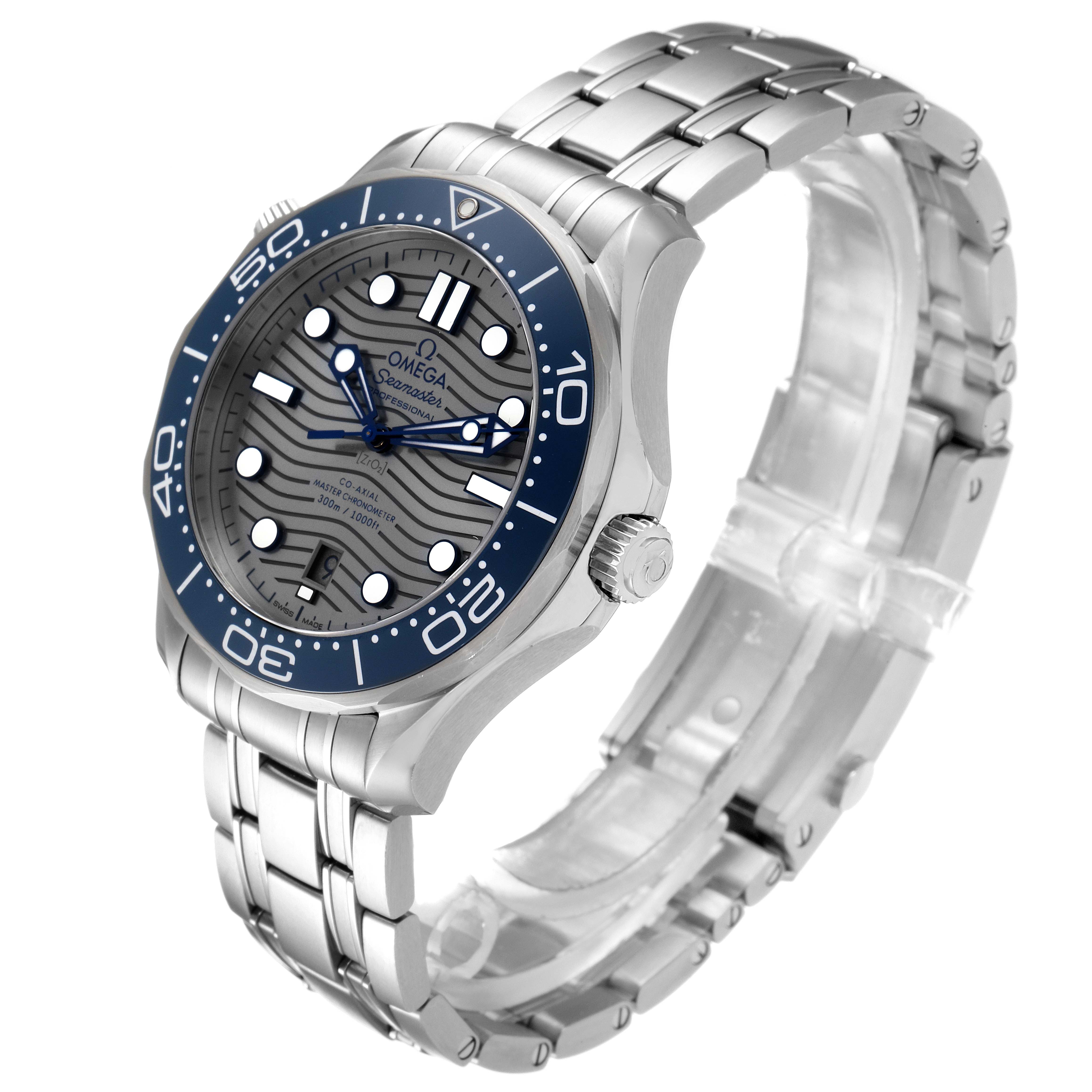 The Omega Seamaster 210.30.42.20.06.001 Men
s Stainless Steel Grey Dial 210.30.42.20.06.001 Men
s Stainless Steel Grey Dial watch is shown at an angled view displaying the dial, bezel, crown, and metal bracelet.