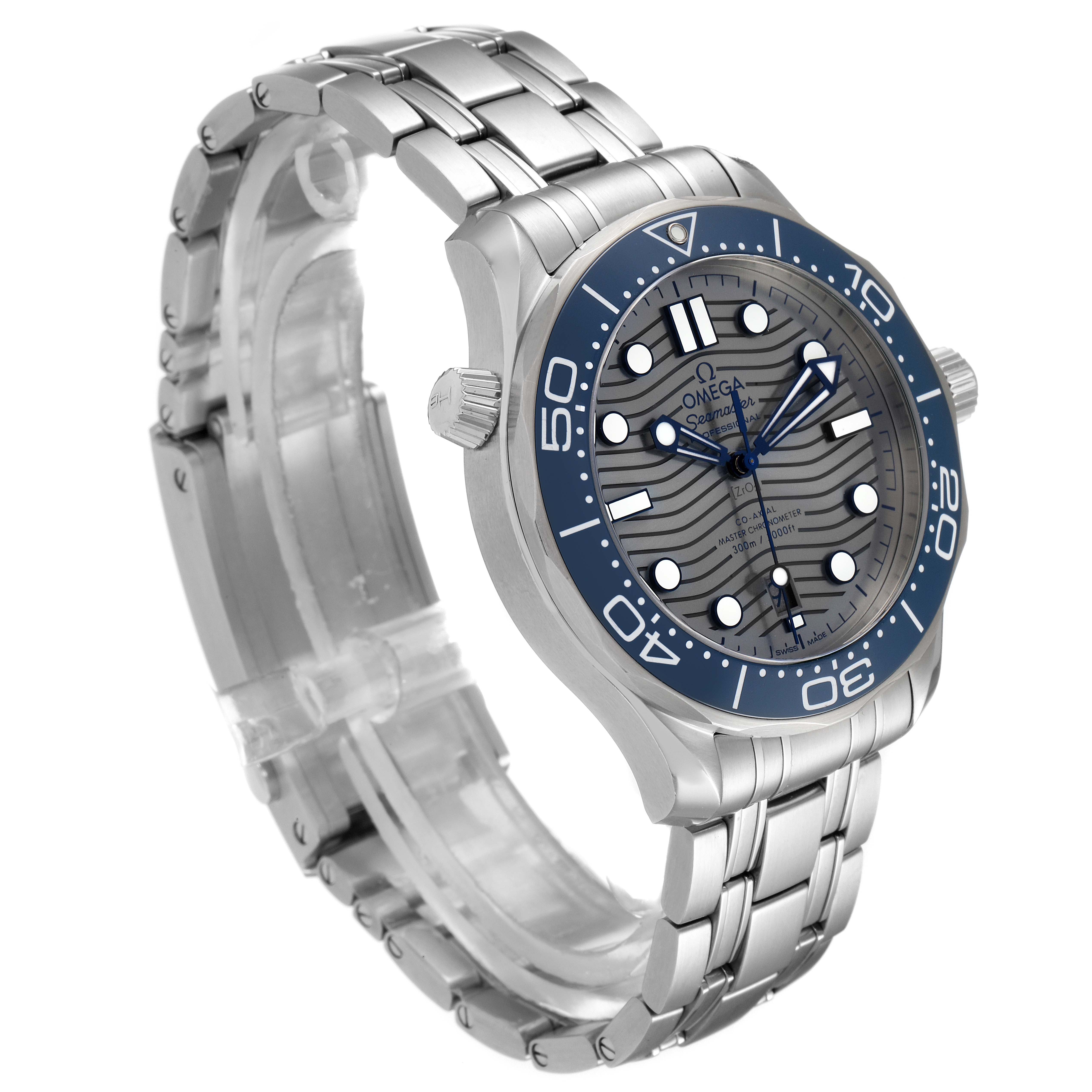 The image shows an Omega Seamaster 210.30.42.20.06.001 Men
s Stainless Steel Grey Dial 210.30.42.20.06.001 Men
s Stainless Steel Grey Dial watch at a three-quarter view, displaying the face, bezel, crown, and part of the metal bracelet.