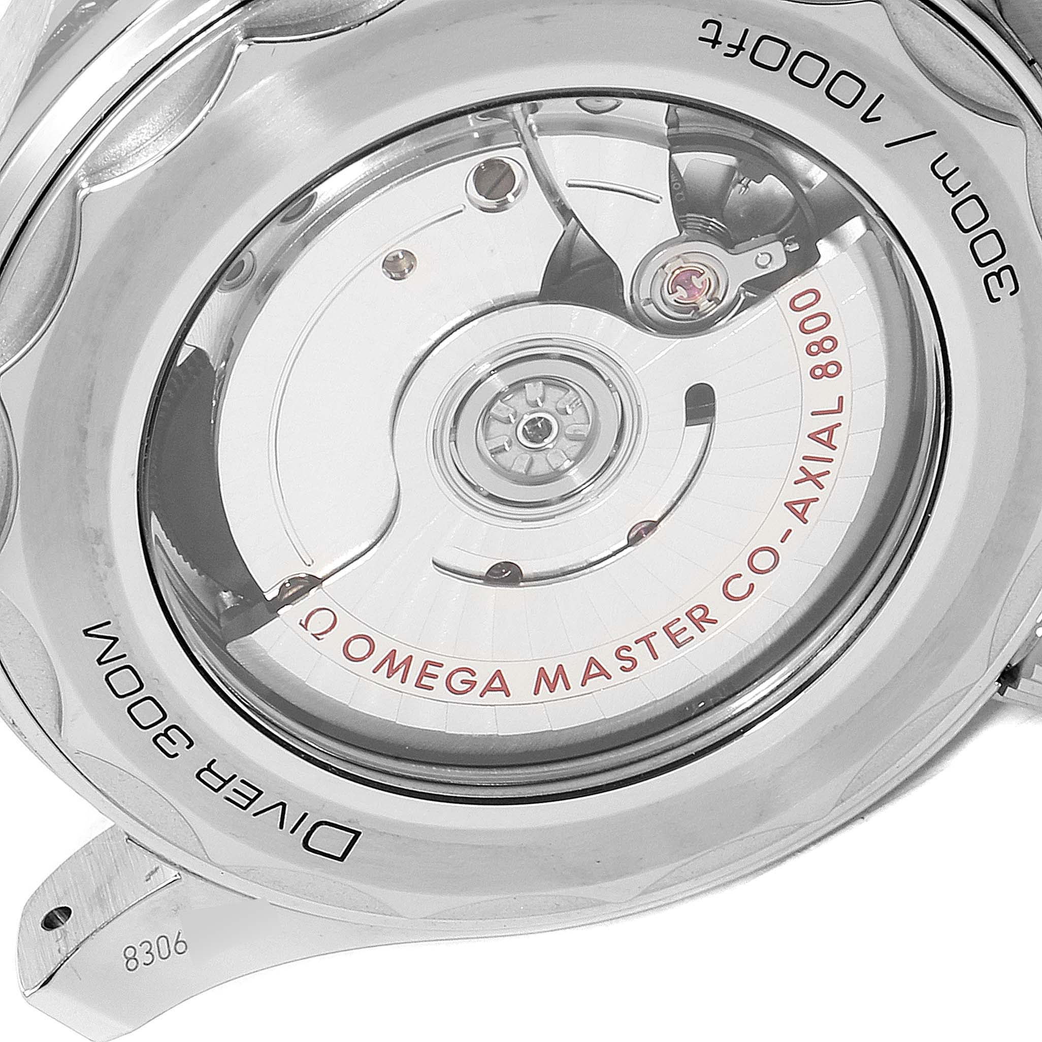 The image shows the transparent case back of the Omega Seamaster 210.30.42.20.06.001 Men
s Stainless Steel Grey Dial 210.30.42.20.06.001 Men
s Stainless Steel Grey Dial watch, highlighting the Co-Axial 8800 movement.