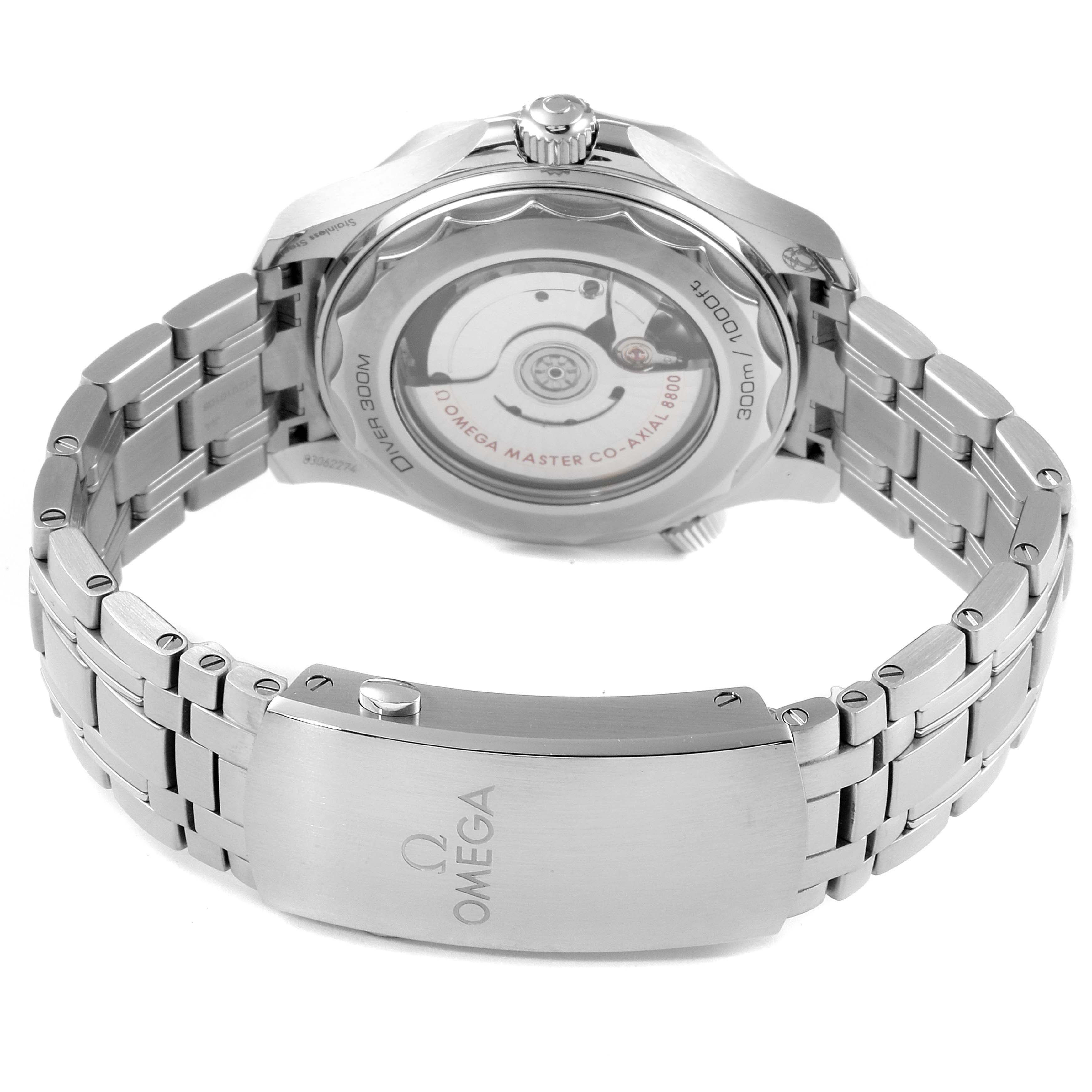 This image shows the back and clasp of an Omega Seamaster 210.30.42.20.06.001 Men
s Stainless Steel Grey Dial 210.30.42.20.06.001 Men
s Stainless Steel Grey Dial watch, highlighting the movement and bracelet.
