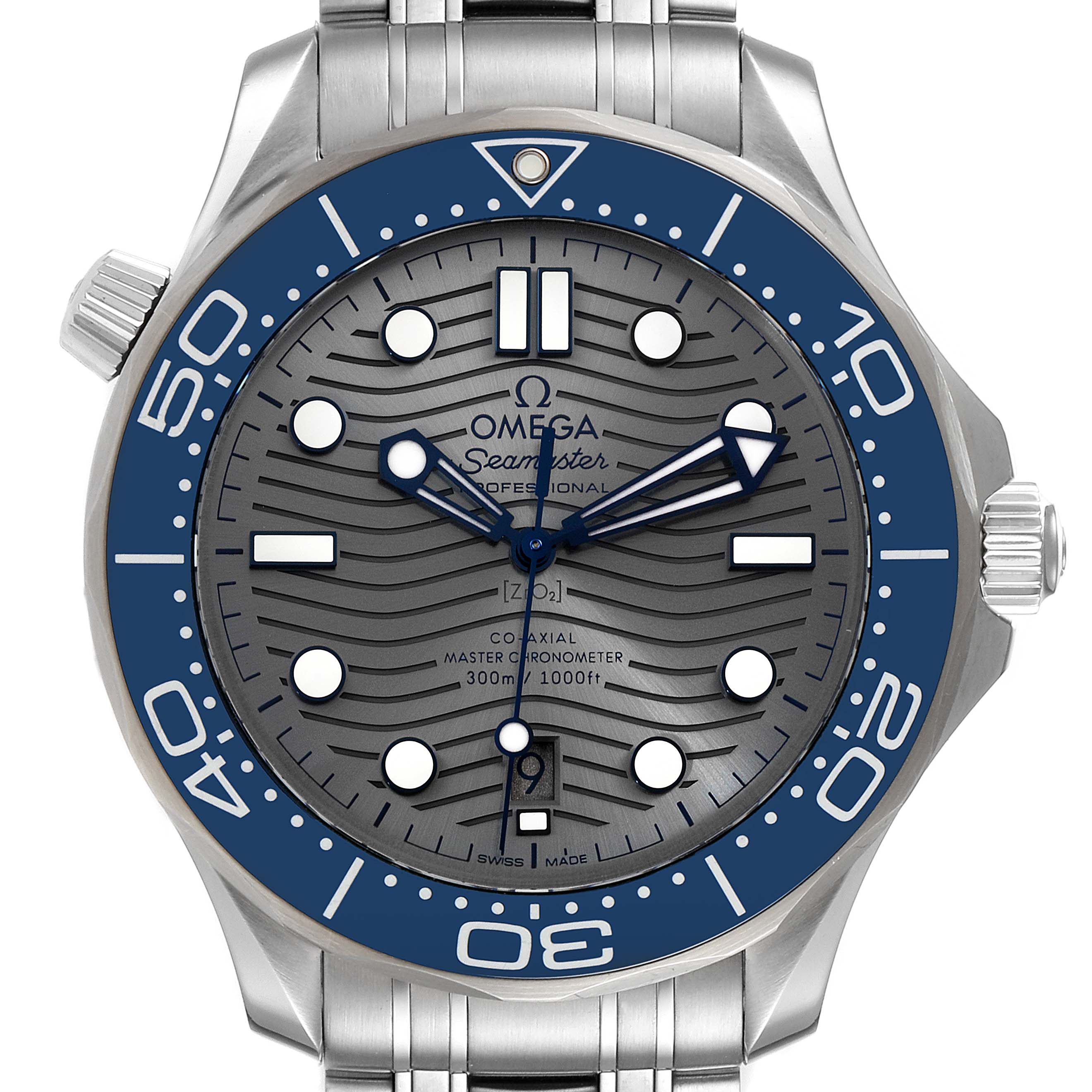 The image shows a front view of the Omega Seamaster 210.30.42.20.06.001 Men
s Stainless Steel Grey Dial 210.30.42.20.06.001 Men
s Stainless Steel Grey Dial watch, highlighting the dial, bezel, and part of the bracelet.