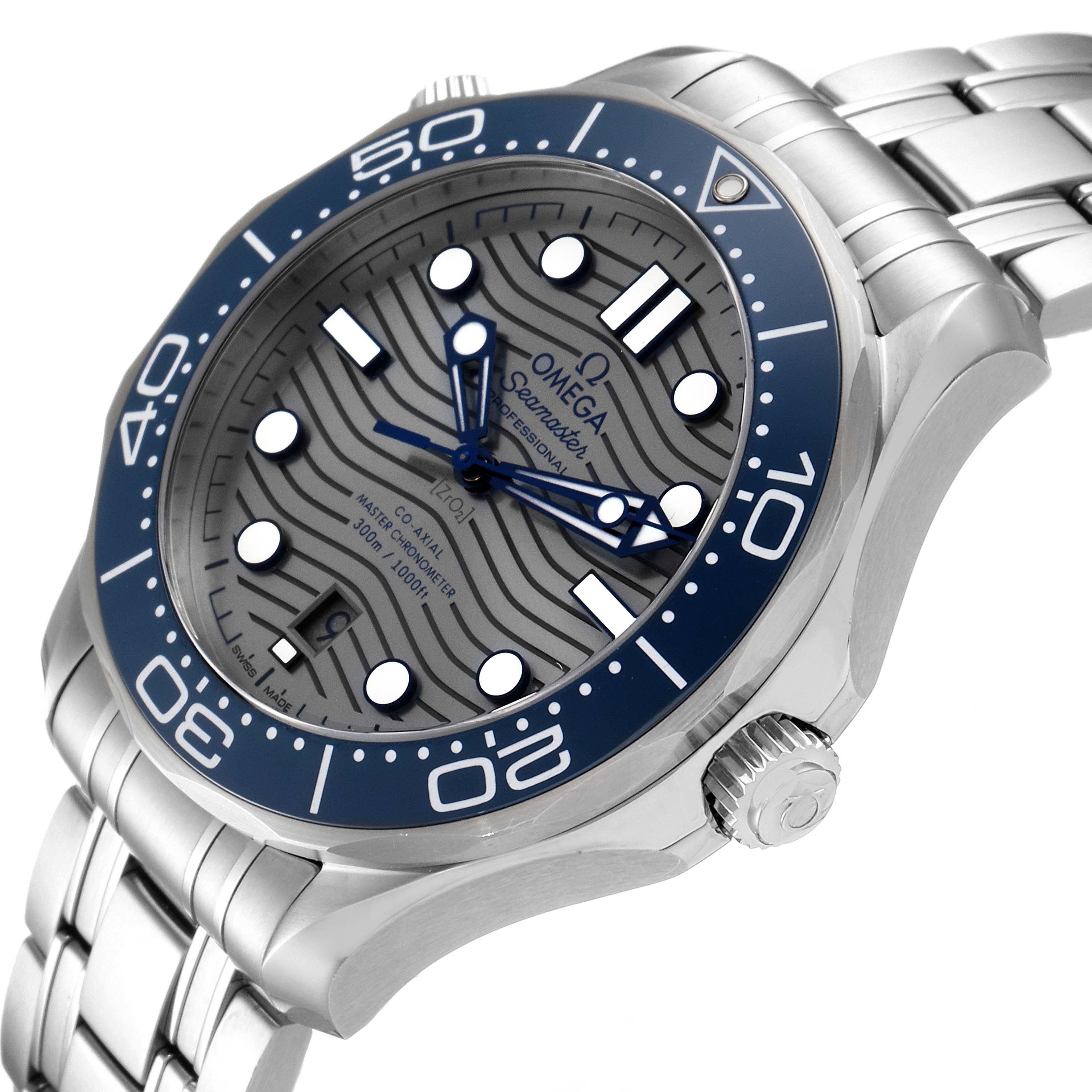 This image shows an angled view of an Omega Seamaster 210.30.42.20.06.001 Men
s Stainless Steel Grey Dial 210.30.42.20.06.001 Men
s Stainless Steel Grey Dial watch, highlighting the dial, bezel, and bracelet.