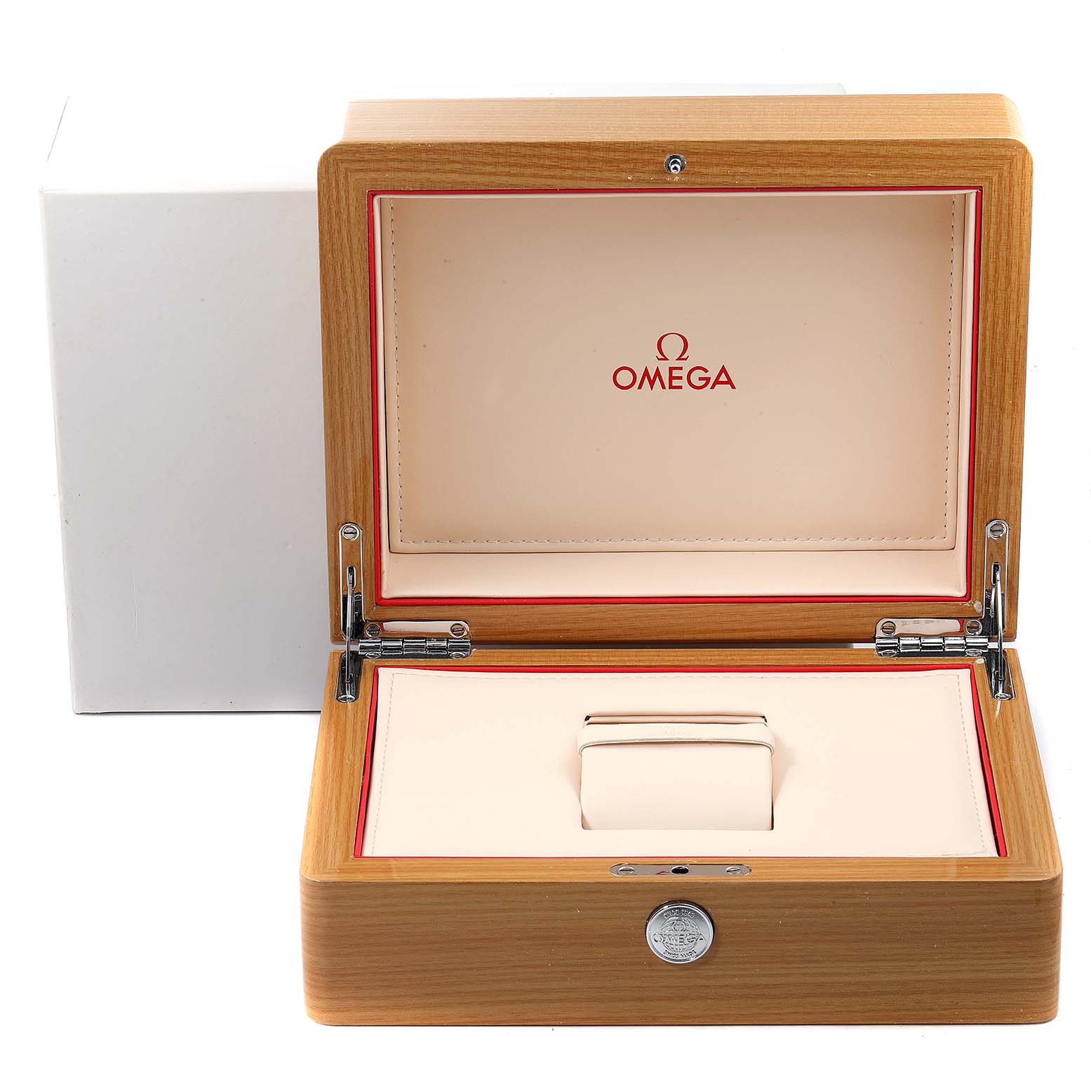 The image shows an open wooden box for the Omega Seamaster 210.30.42.20.06.001 Men
s Stainless Steel Grey Dial 210.30.42.20.06.001 Men
s Stainless Steel Grey Dial watch, displaying the interior and a cushion for holding the watch.