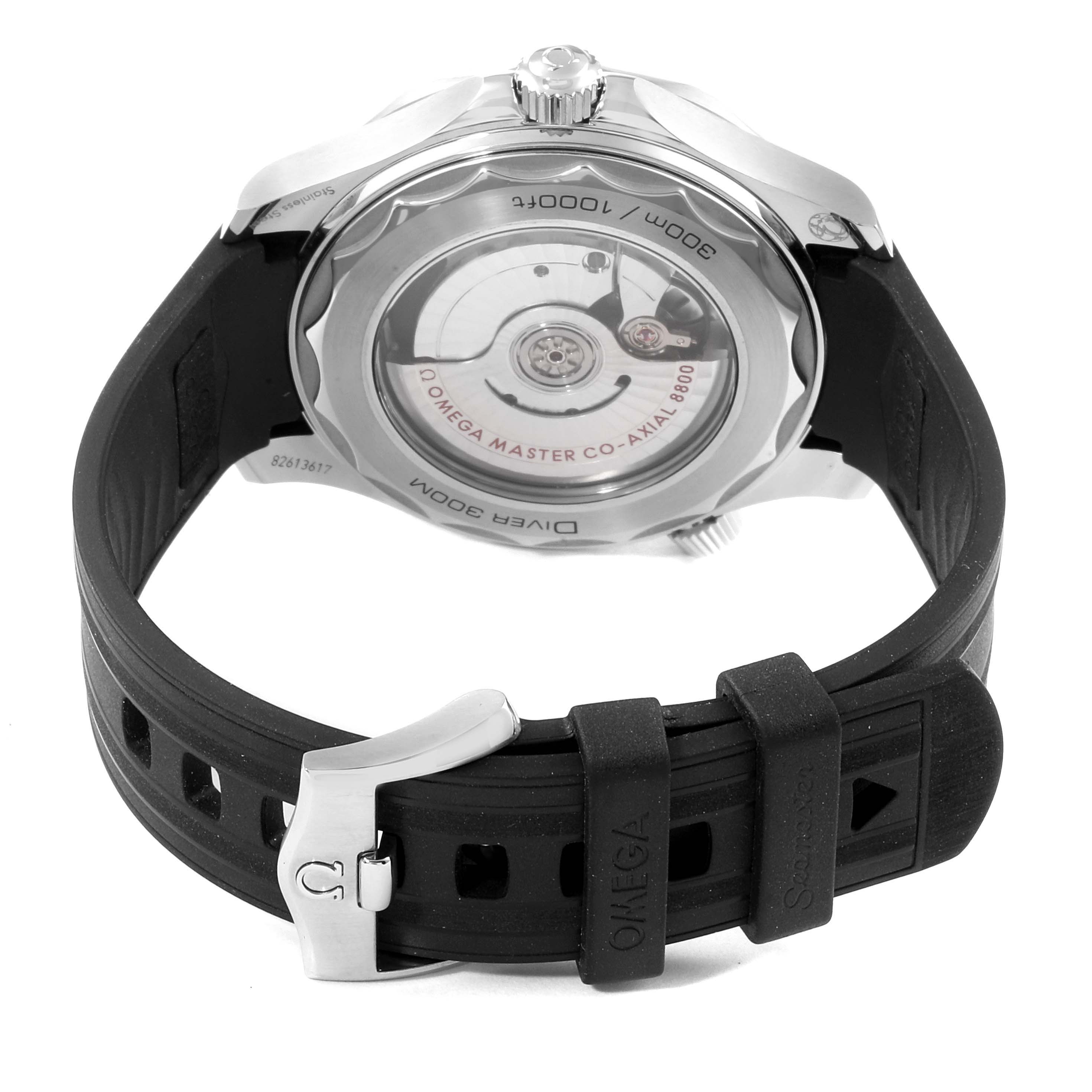 The image shows the back and side view of the Omega Seamaster 210.32.42.20.01.001 Men's Stainless Steel Black Dial 210.32.42.20.01.001 Men's Stainless Steel Black Dial watch, featuring its black strap and visible movement through the case back.