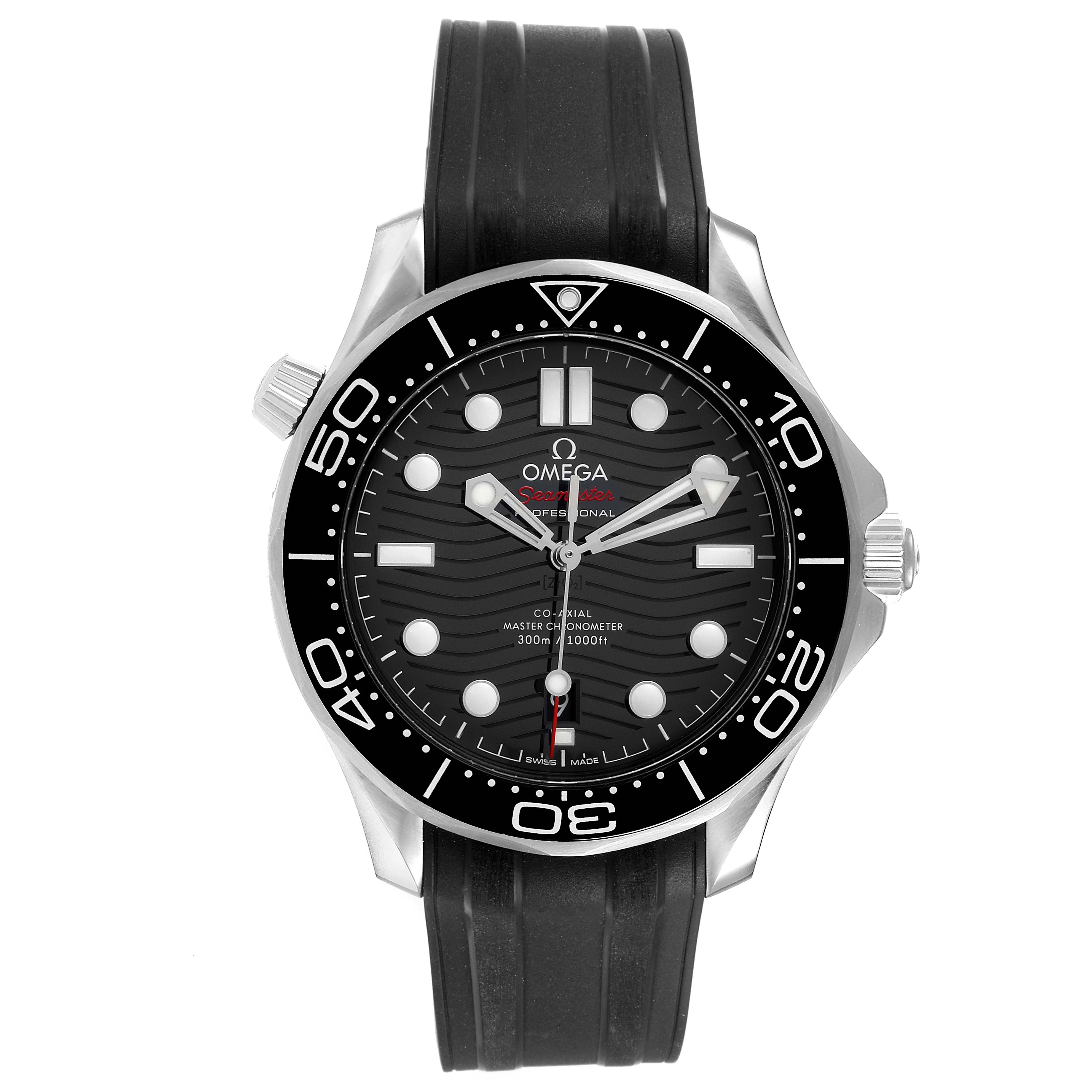 The Omega Seamaster 210.32.42.20.01.001 Men's Stainless Steel Black Dial 210.32.42.20.01.001 Men's Stainless Steel Black Dial watch is shown from the front, displaying its face, bezel, hands, and rubber strap.
