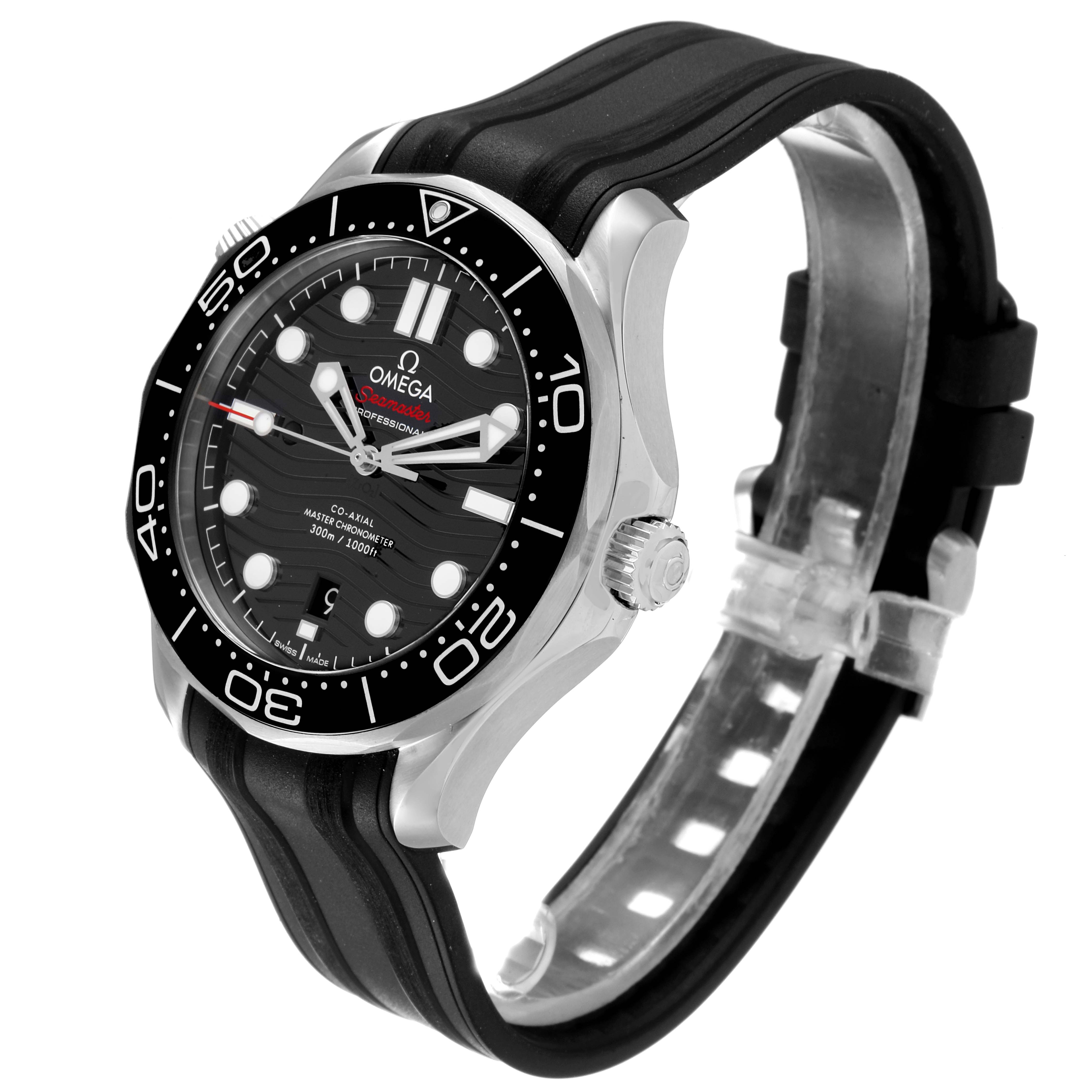 This image shows a side angle of the Omega Seamaster 210.32.42.20.01.001 Men's Stainless Steel Black Dial 210.32.42.20.01.001 Men's Stainless Steel Black Dial watch featuring the dial, bezel, and rubber strap.