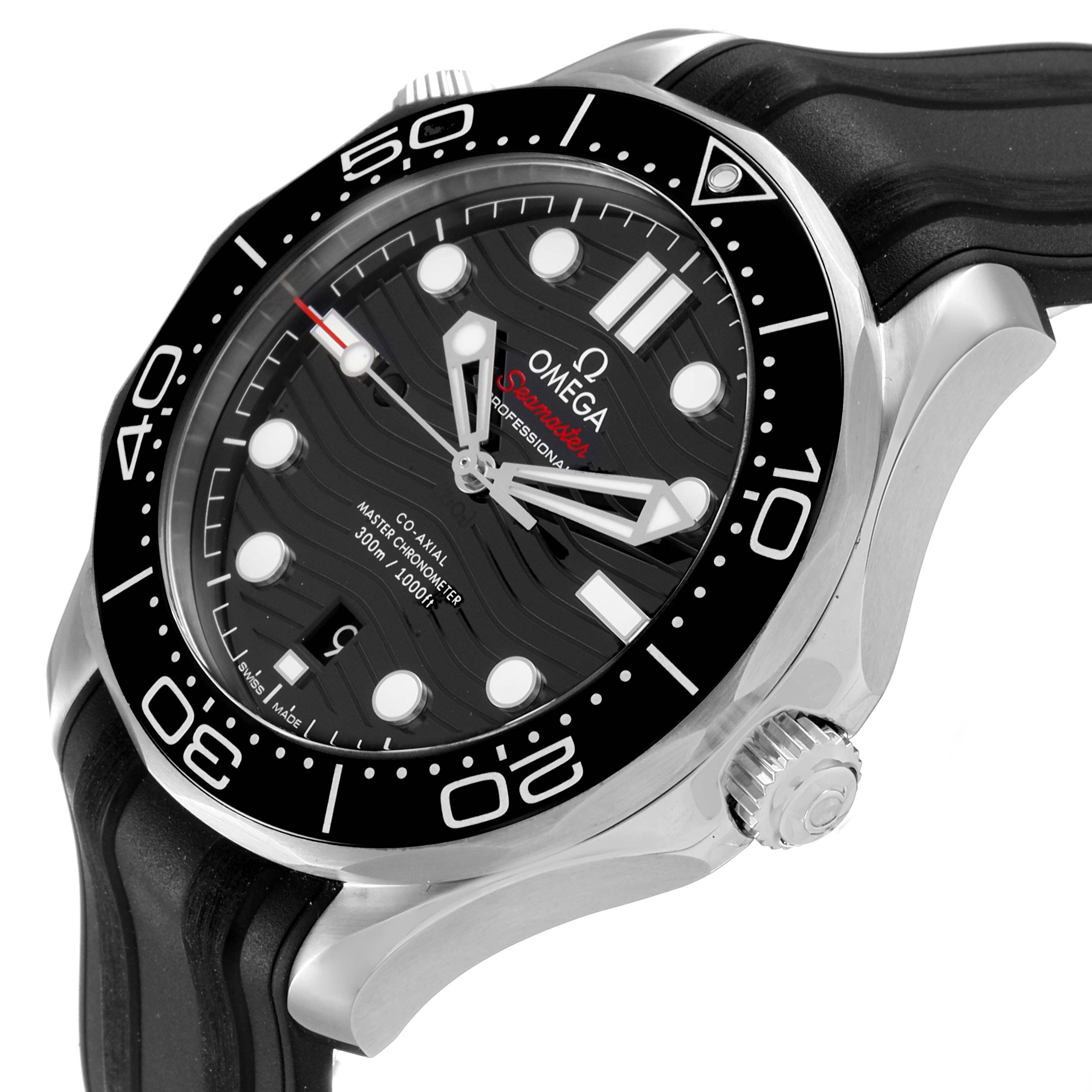 This image shows an angled view of the Omega Seamaster 210.32.42.20.01.001 Men's Stainless Steel Black Dial 210.32.42.20.01.001 Men's Stainless Steel Black Dial's face, bezel, and crown, highlighting its black dial and rubber strap.