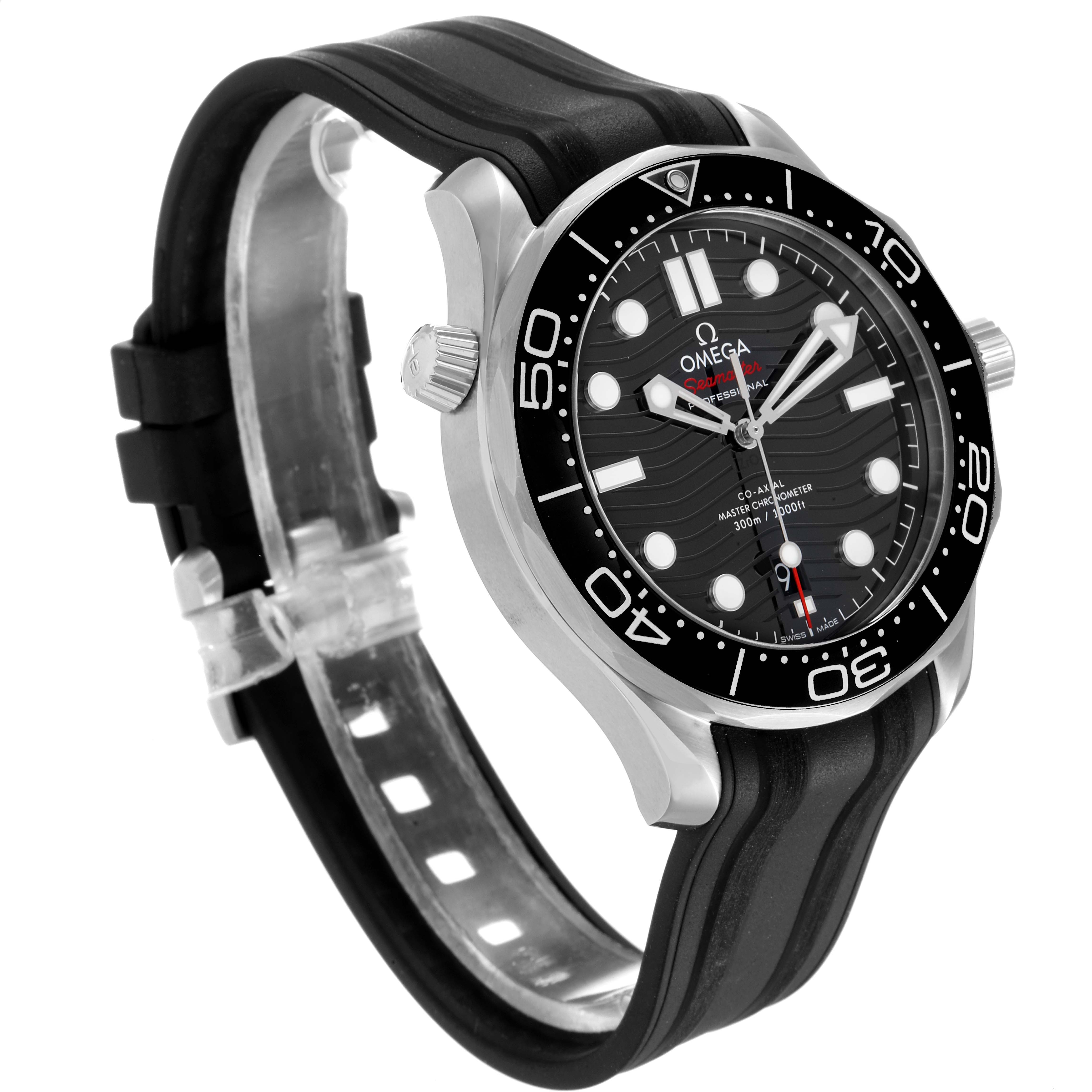 The image shows a side view of the Omega Seamaster 210.32.42.20.01.001 Men's Stainless Steel Black Dial 210.32.42.20.01.001 Men's Stainless Steel Black Dial watch, displaying the bezel, dial, and black rubber strap.