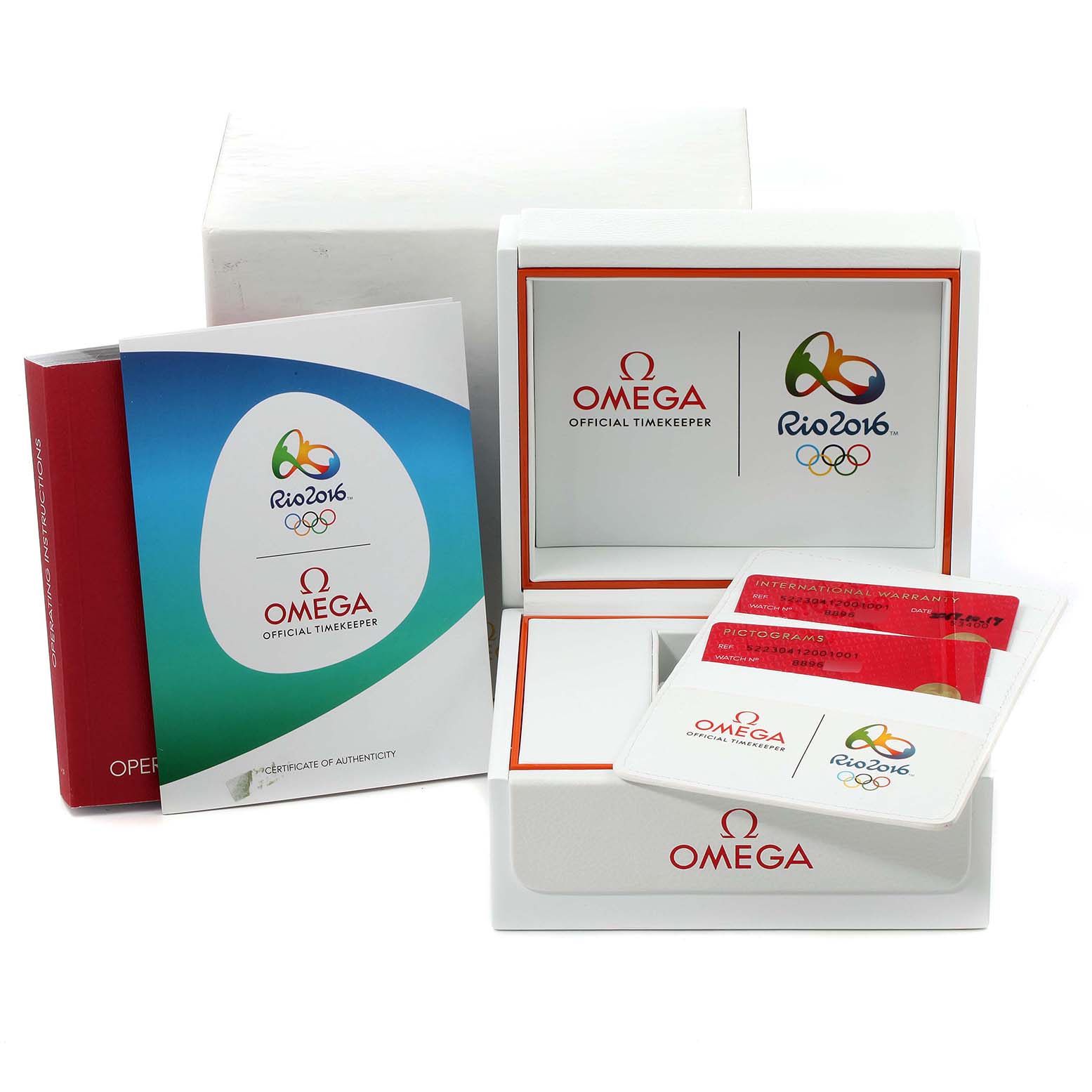 The image shows packaging and accessories for an Omega Seamaster 522.30.41.20.01.001 Men's Stainless Steel Black Dial 522.30.41.20.01.001 Men's Stainless Steel Black Dial, including boxes, documentation, and warranty cards.