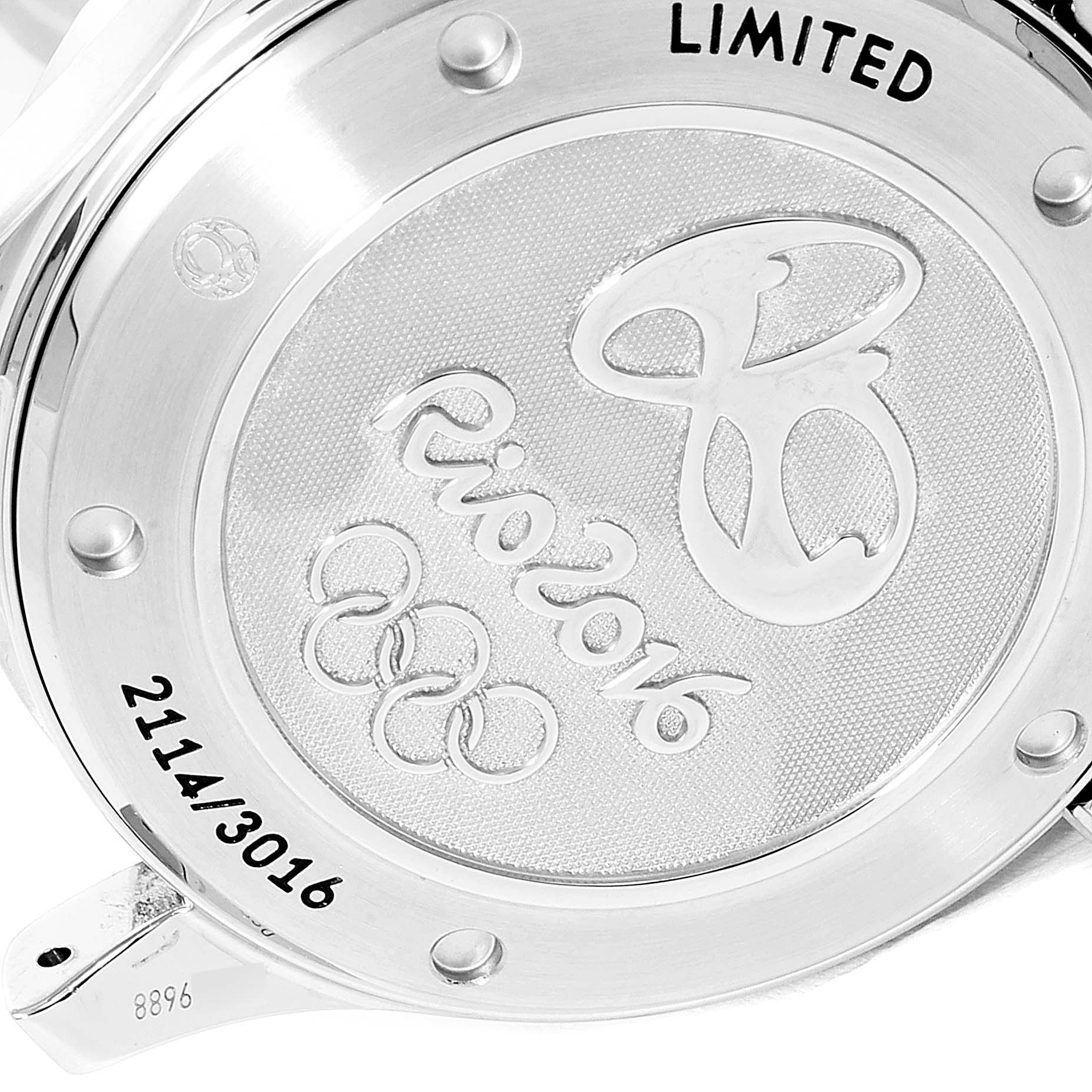 The image shows the case back of the Omega Seamaster 522.30.41.20.01.001 Men's Stainless Steel Black Dial 522.30.41.20.01.001 Men's Stainless Steel Black Dial watch, featuring the "Rio 2016" Olympic engraving and the limited edition number.