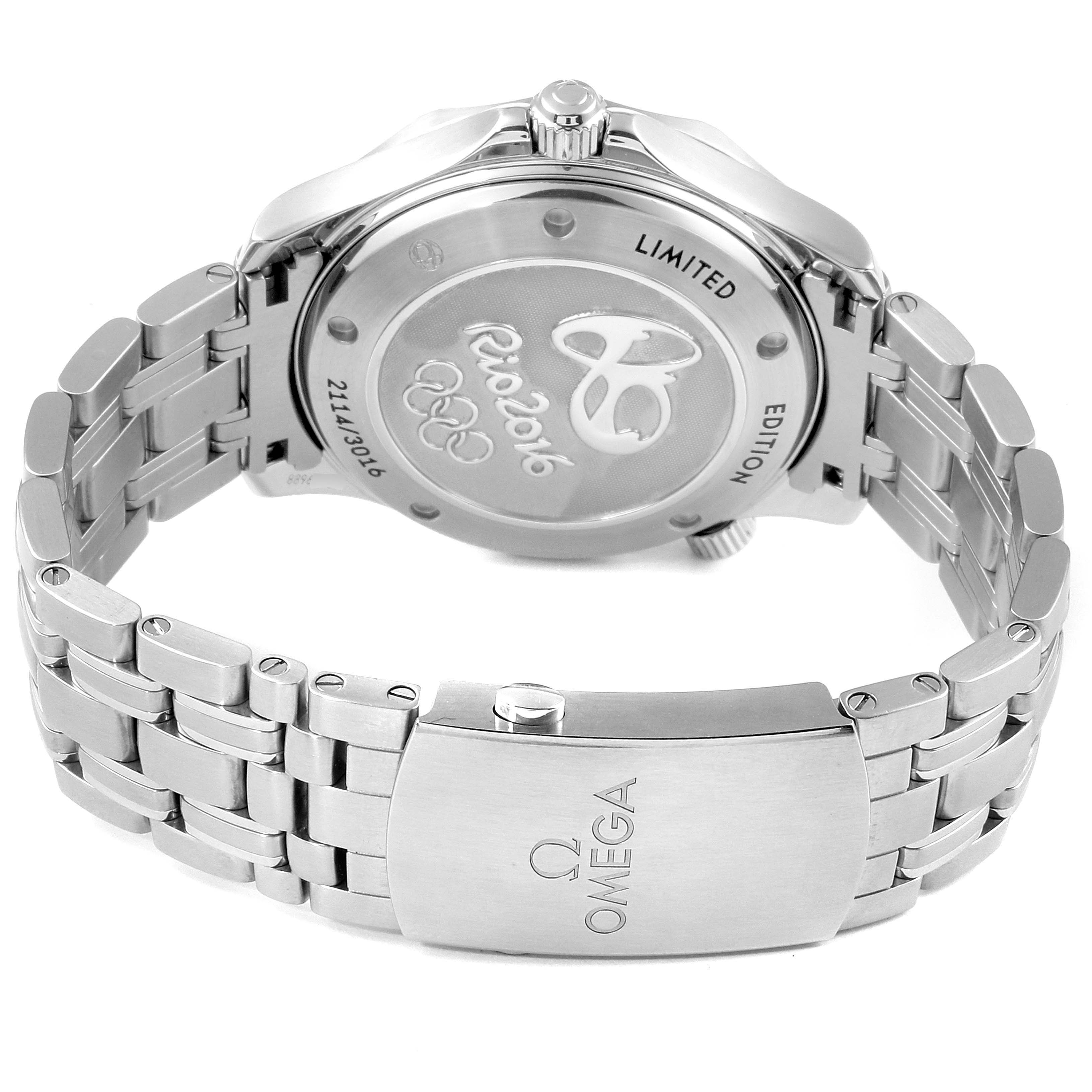 This image shows the back case and bracelet of an Omega Seamaster 522.30.41.20.01.001 Men's Stainless Steel Black Dial 522.30.41.20.01.001 Men's Stainless Steel Black Dial watch, highlighting its limited edition engraving.