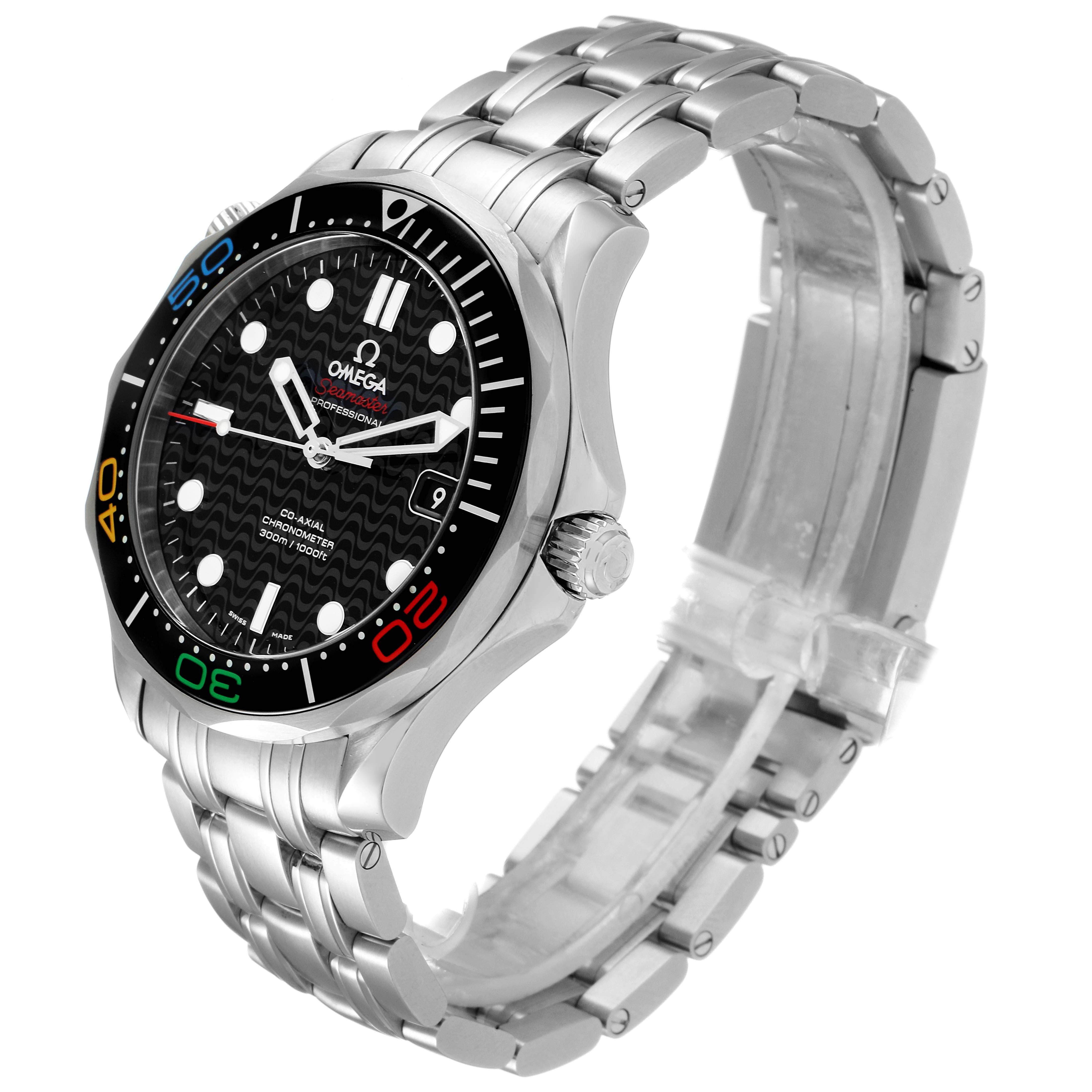 The Omega Seamaster 522.30.41.20.01.001 Men's Stainless Steel Black Dial 522.30.41.20.01.001 Men's Stainless Steel Black Dial watch is shown at an angle highlighting the dial, bezel, and stainless steel bracelet.