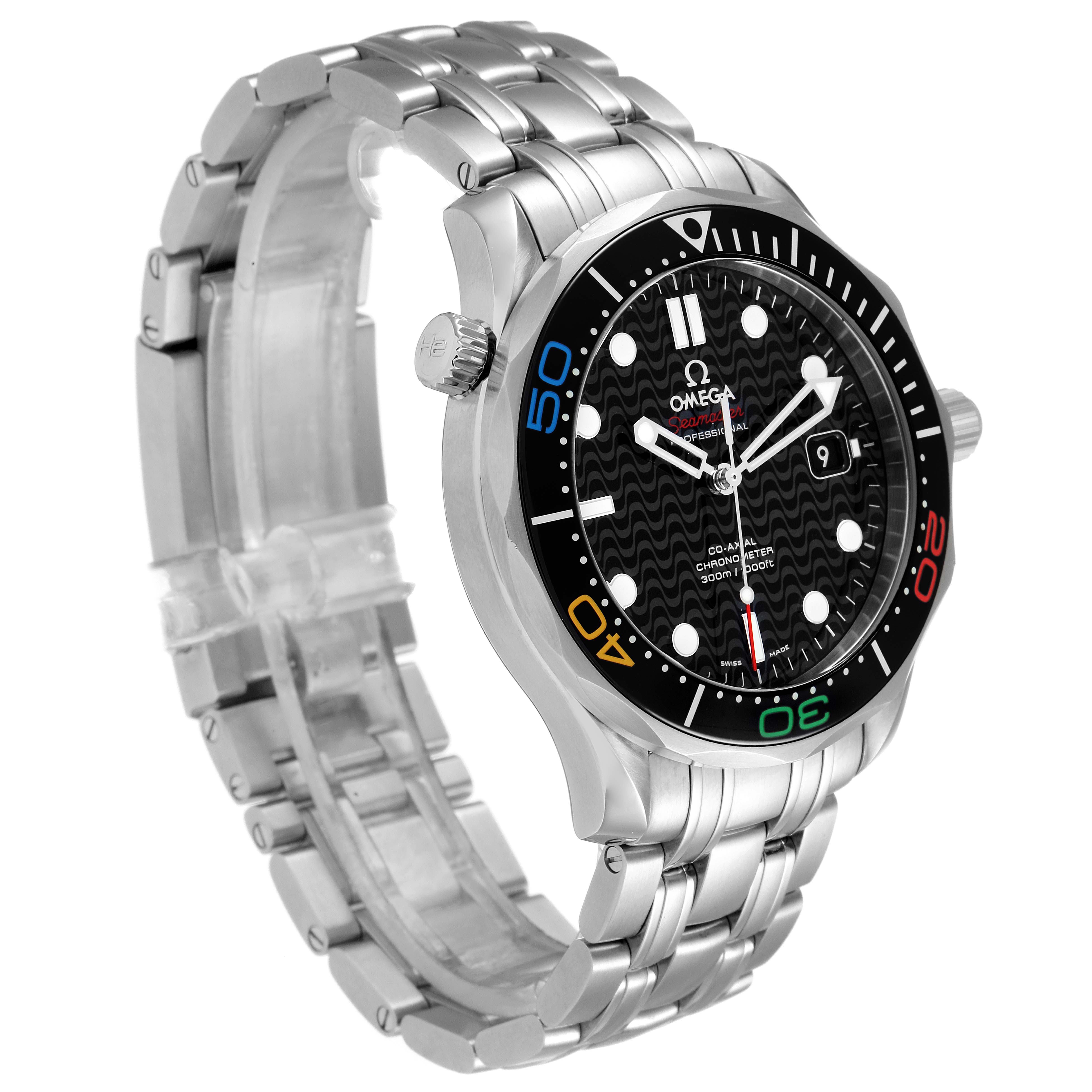 The image shows an Omega Seamaster 522.30.41.20.01.001 Men's Stainless Steel Black Dial 522.30.41.20.01.001 Men's Stainless Steel Black Dial watch at an angle highlighting its face, bezel, crown, and stainless steel bracelet.