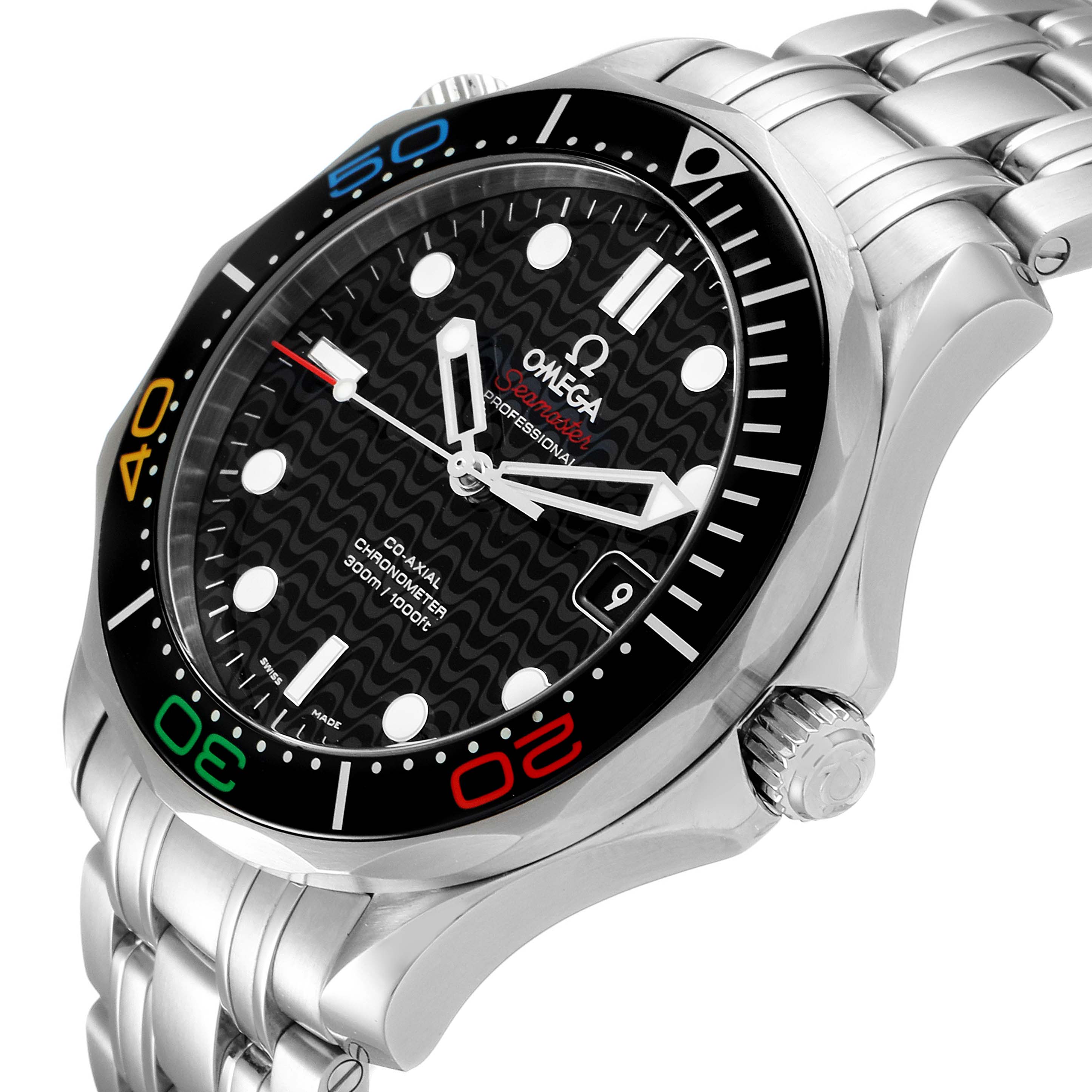 The image shows a side-angle view of an Omega Seamaster 522.30.41.20.01.001 Men's Stainless Steel Black Dial 522.30.41.20.01.001 Men's Stainless Steel Black Dial watch, emphasizing the black dial, colored bezel, and metal bracelet.