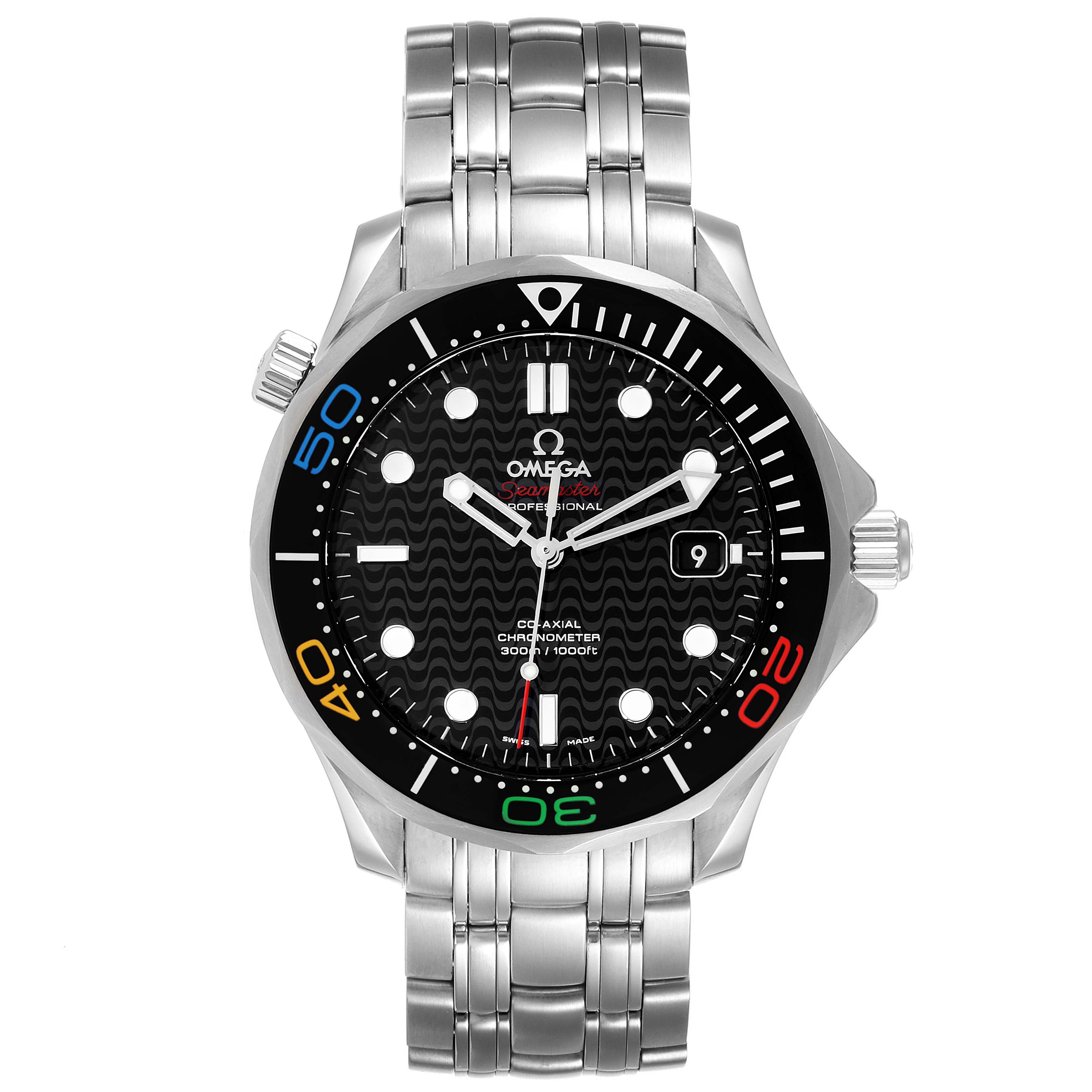 This Omega Seamaster 522.30.41.20.01.001 Men's Stainless Steel Black Dial 522.30.41.20.01.001 Men's Stainless Steel Black Dial watch is shown from the front, highlighting the dial, bezel, and metal bracelet.