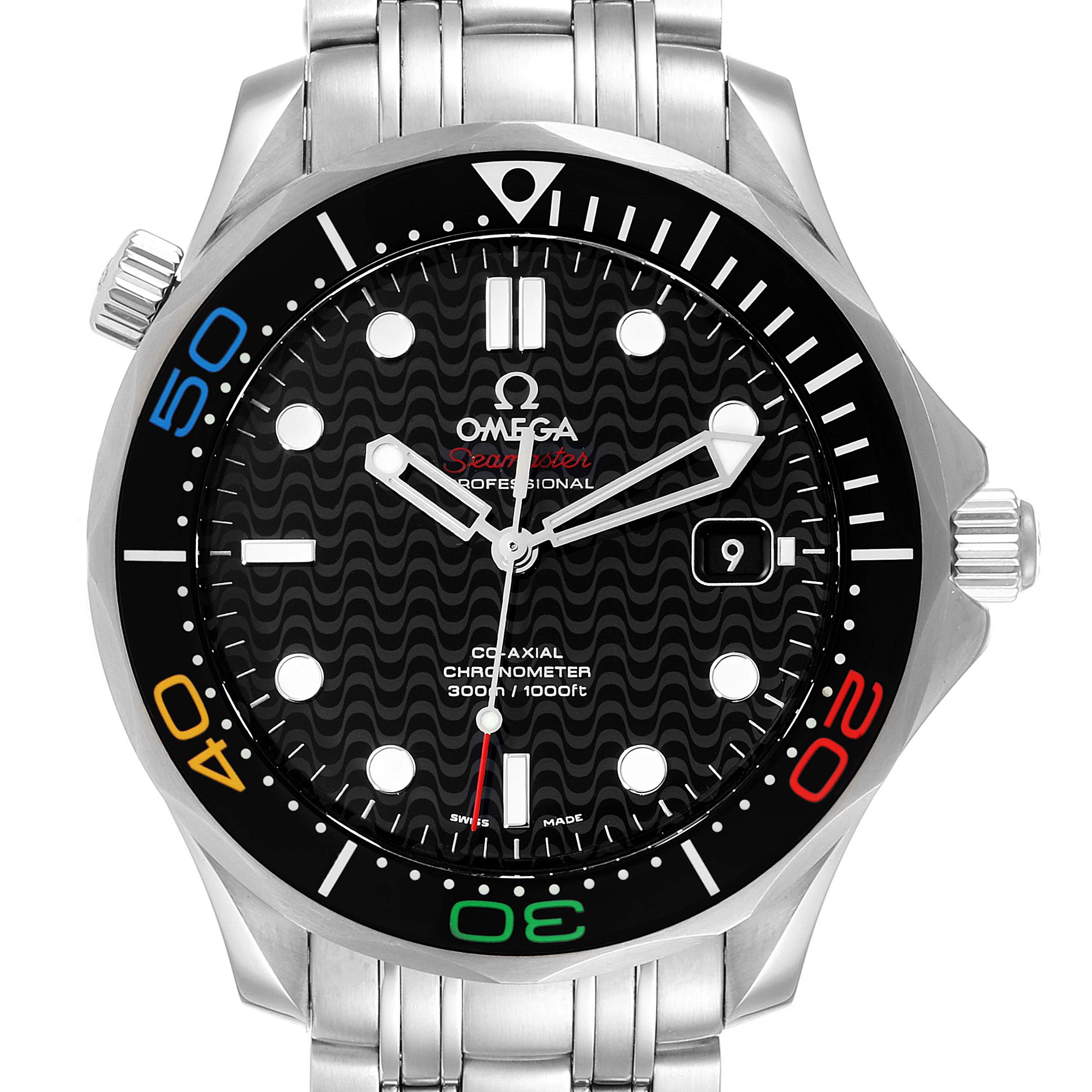 The Omega Seamaster 522.30.41.20.01.001 Men's Stainless Steel Black Dial 522.30.41.20.01.001 Men's Stainless Steel Black Dial watch is shown from a front angle, displaying the dial, bezel, and parts of the stainless steel bracelet.