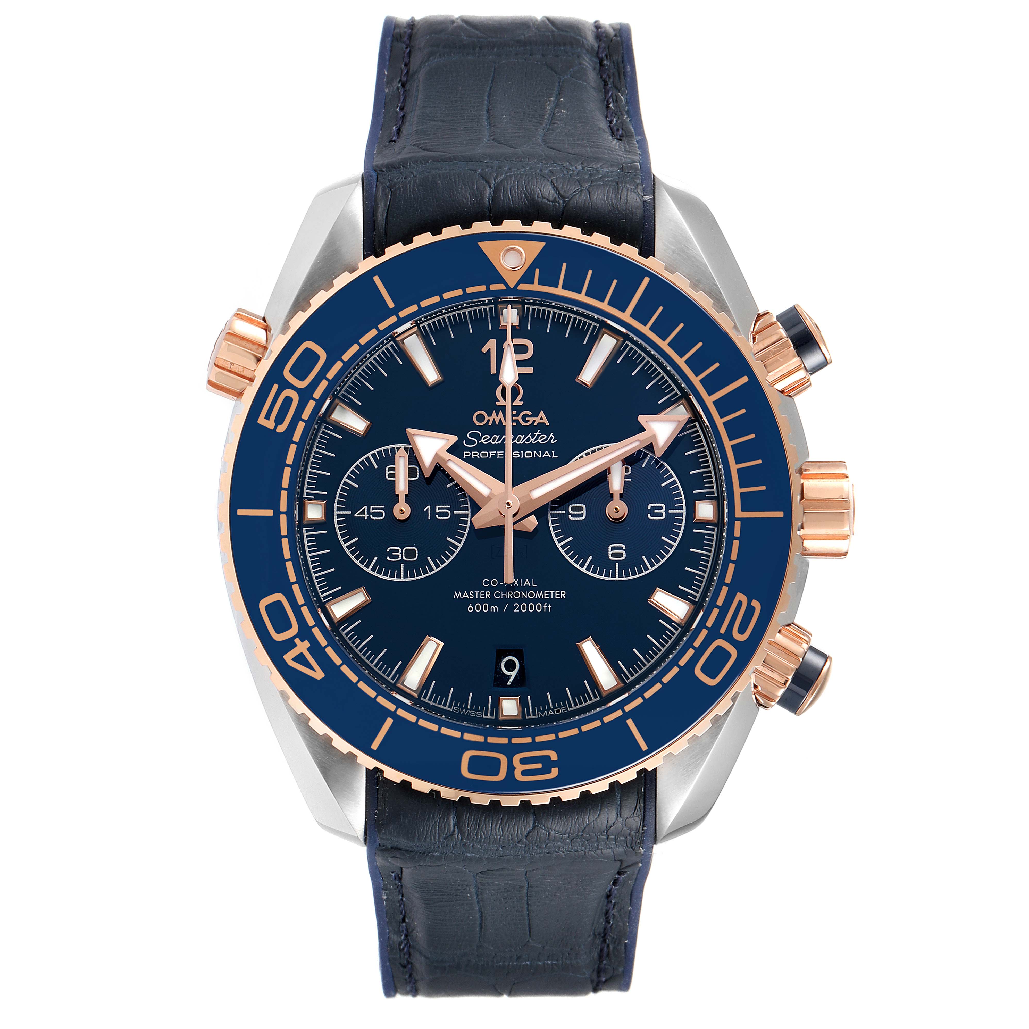 The Omega Planet Ocean 215.23.46.51.03.001 Men's Steel and Gold (two tone) Blue Dial 215.23.46.51.03.001 Men's Steel and Gold (two tone) Blue Dial watch is shown from the front, highlighting its face, bezel, and leather strap.
