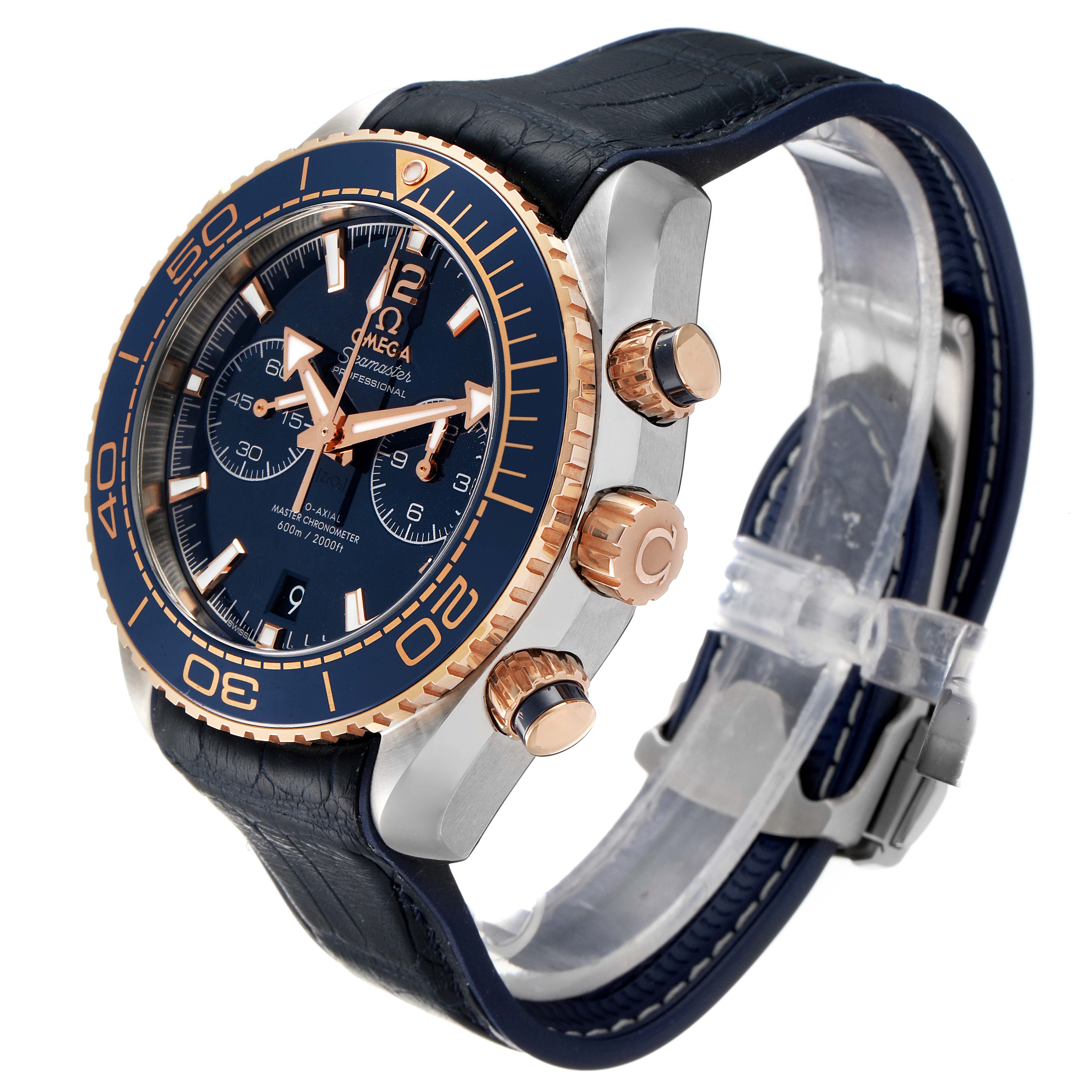 The Omega Planet Ocean 215.23.46.51.03.001 Men's Steel and Gold (two tone) Blue Dial 215.23.46.51.03.001 Men's Steel and Gold (two tone) Blue Dial watch is shown at a slight side angle, highlighting the dial, bezel, crown, pushers, and strap.
