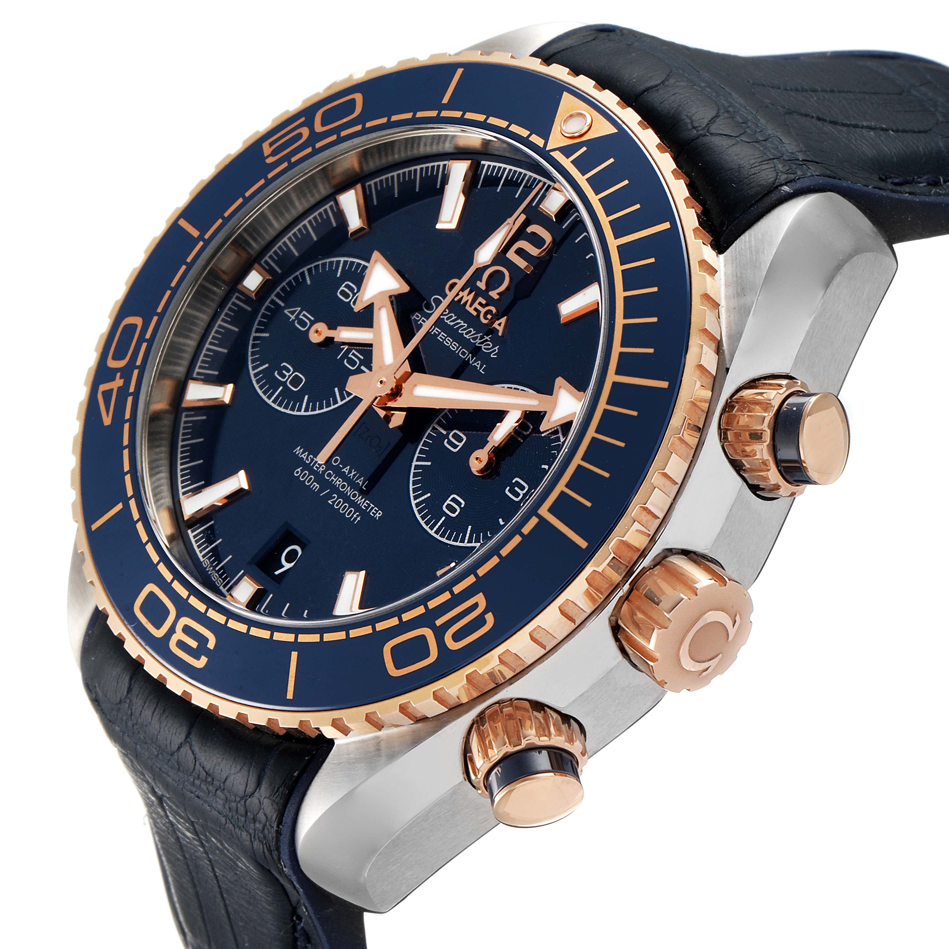 The Omega Planet Ocean 215.23.46.51.03.001 Men's Steel and Gold (two tone) Blue Dial 215.23.46.51.03.001 Men's Steel and Gold (two tone) Blue Dial watch is shown at an angle highlighting the dial, bezel, and crown.