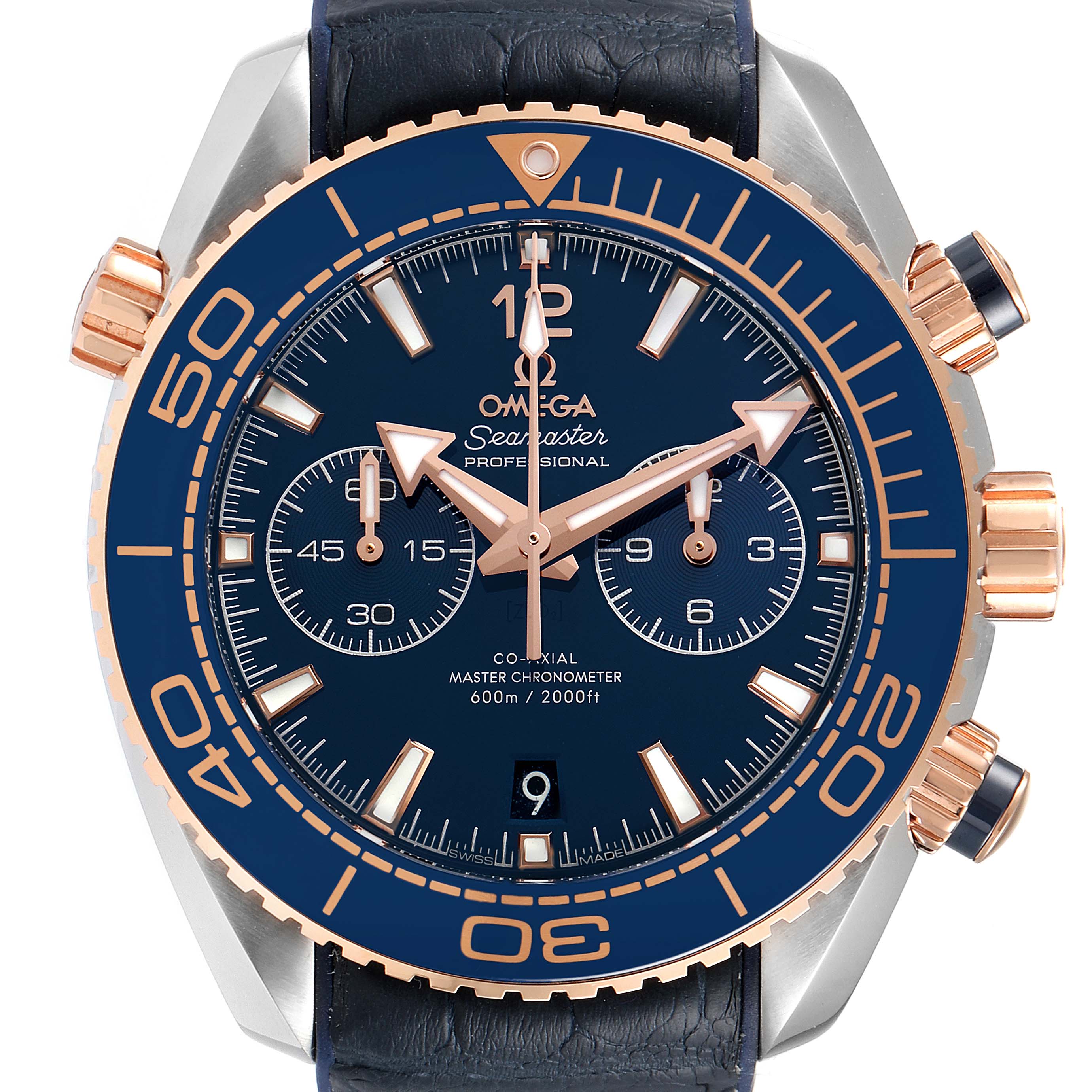 The image shows a front angle view of an Omega Planet Ocean 215.23.46.51.03.001 Men's Steel and Gold (two tone) Blue Dial 215.23.46.51.03.001 Men's Steel and Gold (two tone) Blue Dial watch, highlighting its dial, bezel, and chronograph sub-dials.