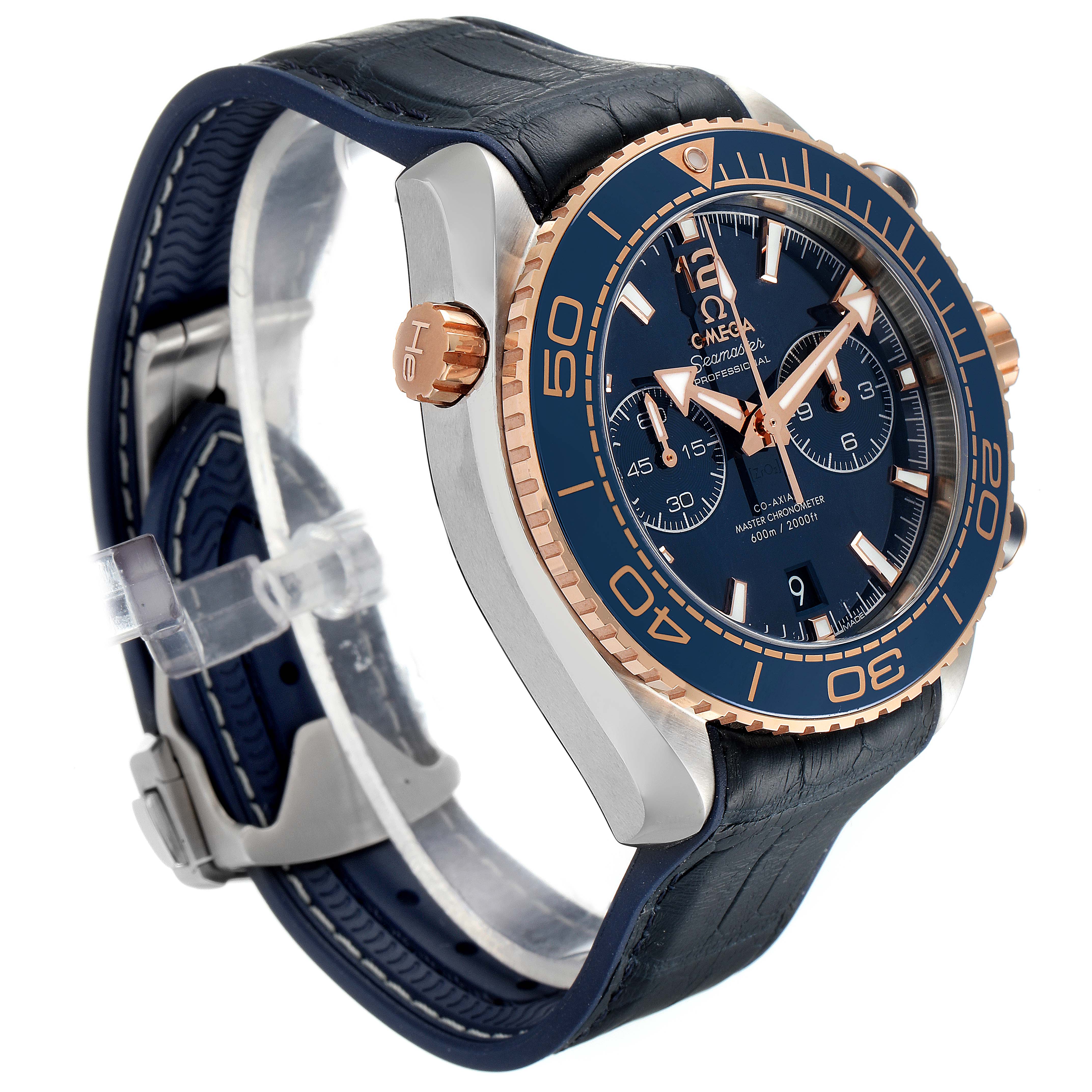 The image shows a side angle of the Omega Planet Ocean 215.23.46.51.03.001 Men's Steel and Gold (two tone) Blue Dial 215.23.46.51.03.001 Men's Steel and Gold (two tone) Blue Dial watch featuring a blue dial, blue strap, and gold accents.