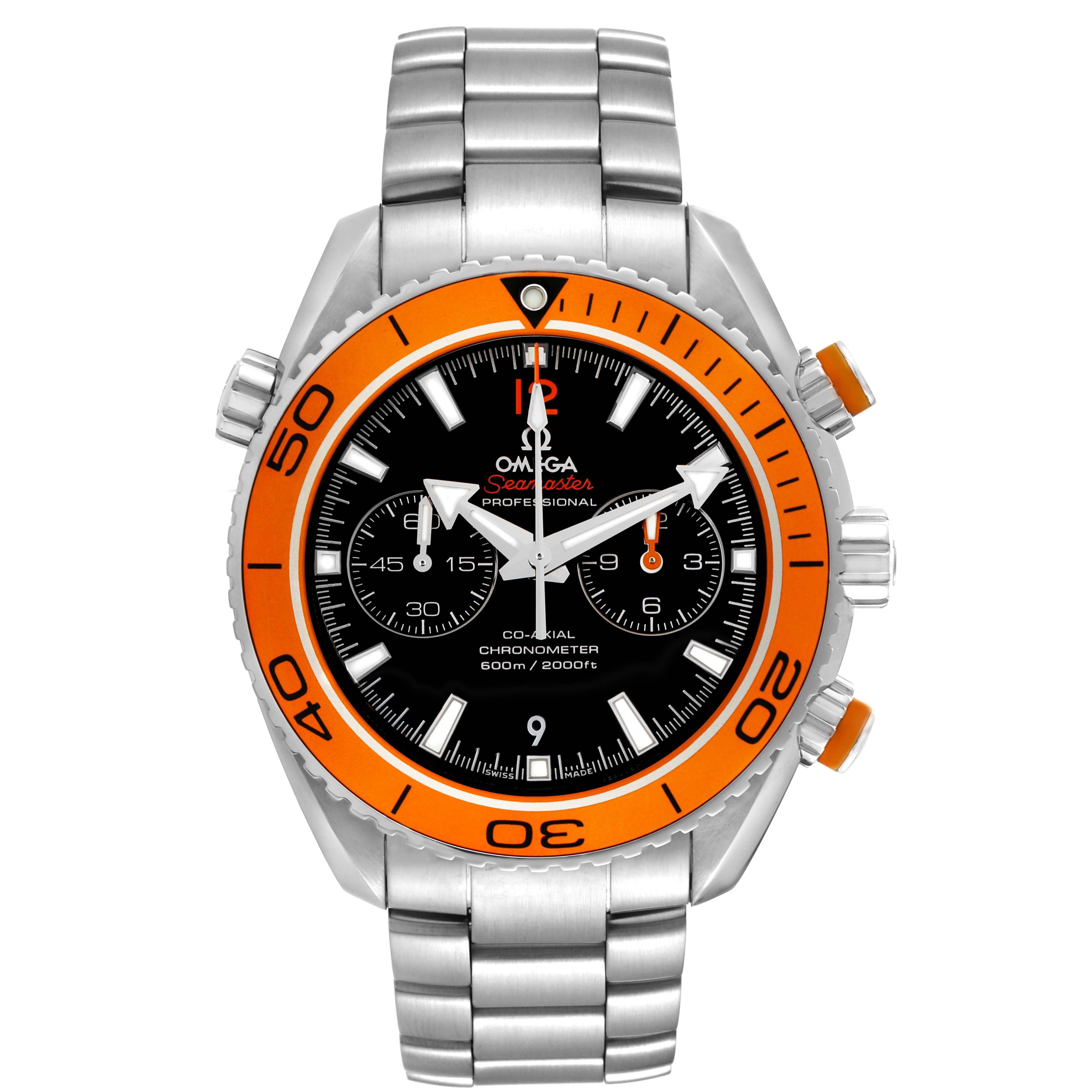 The Omega Planet Ocean 232.30.46.51.01.002 Men's Stainless Steel Black Dial watch is shown from a front view, highlighting the orange bezel, chronograph sub-dials, and stainless steel bracelet.