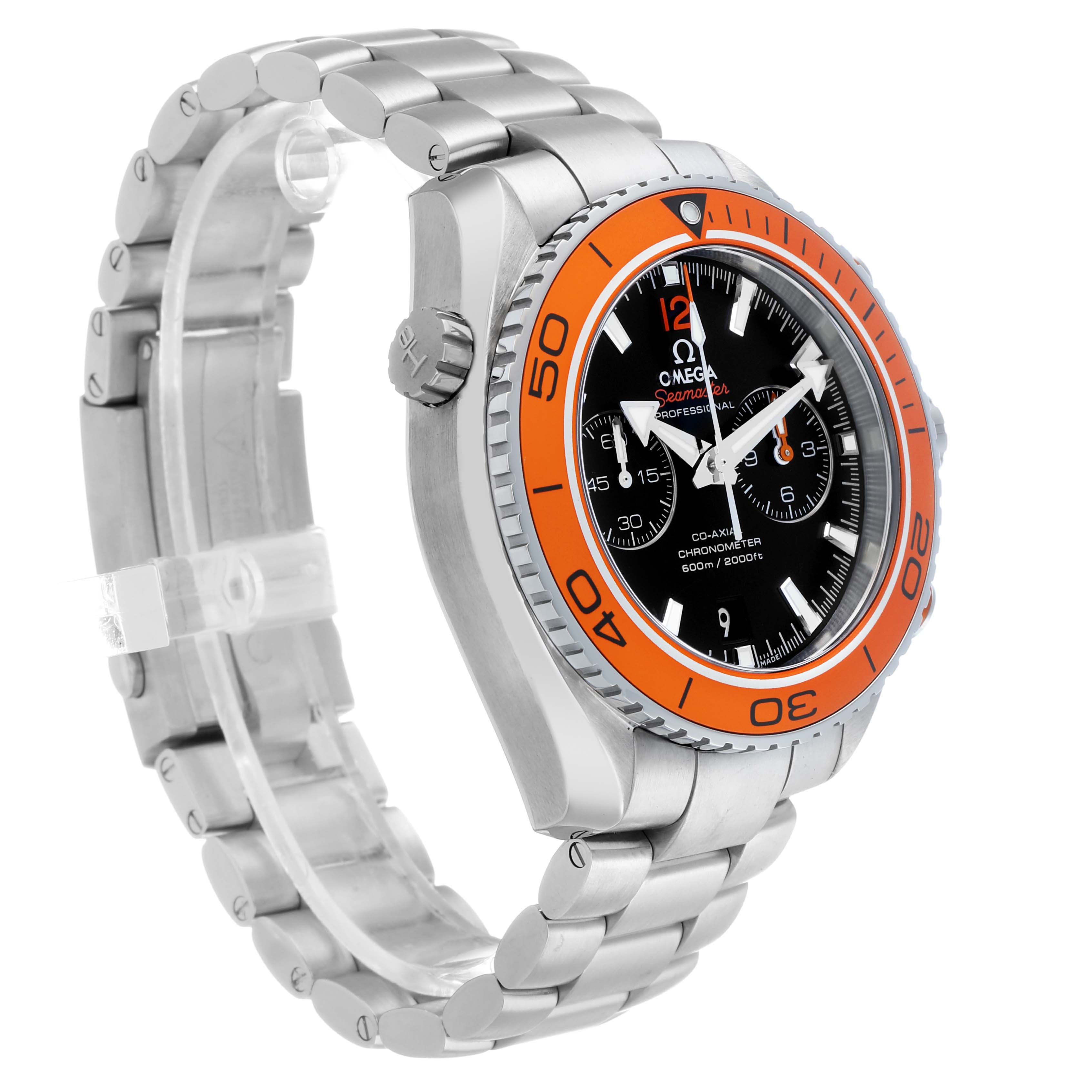 The Omega Planet Ocean 232.30.46.51.01.002 Men's Stainless Steel Black Dial watch is shown at a three-quarter angle, highlighting the bezel, dial, and bracelet.
