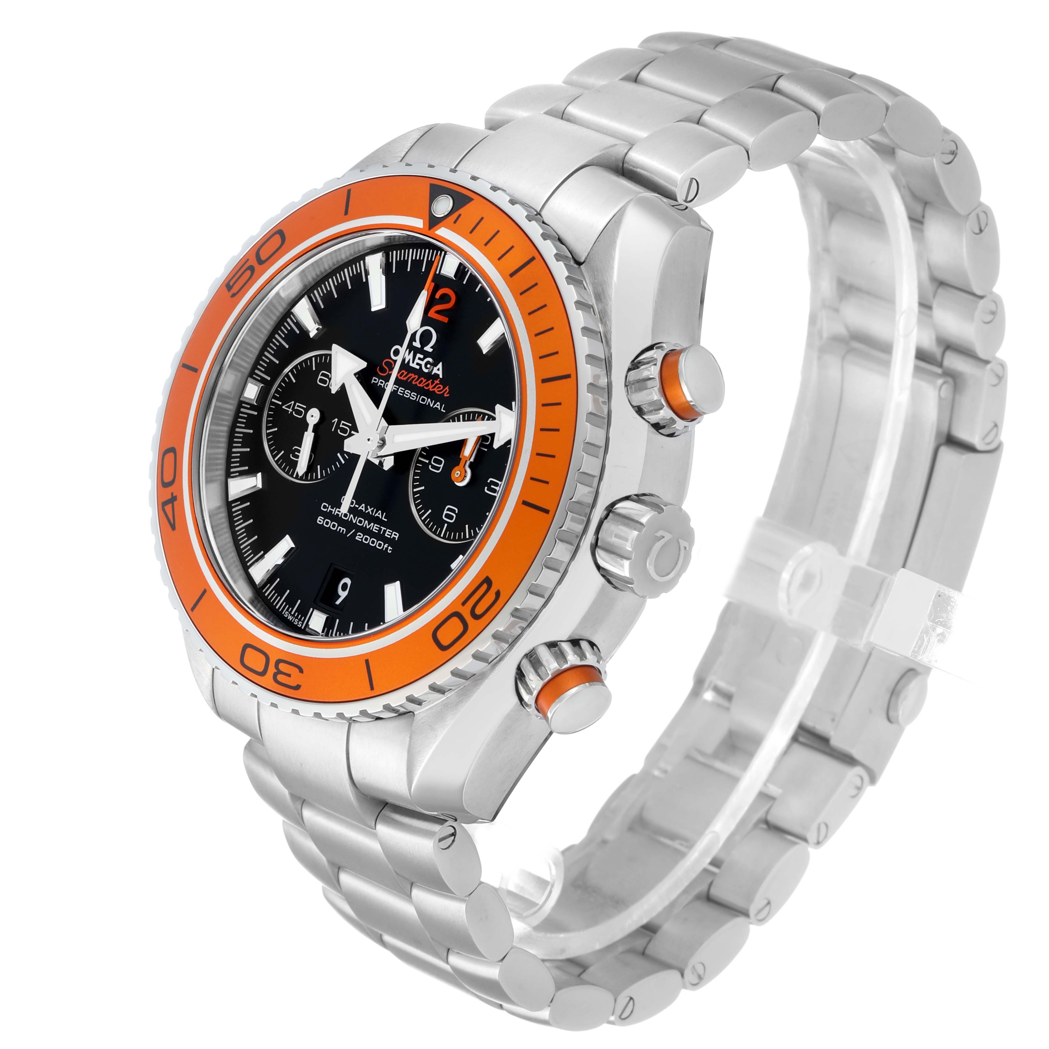 The Omega Planet Ocean 232.30.46.51.01.002 Men's Stainless Steel Black Dial watch is shown at an angled side view, highlighting its orange bezel, pushers, and stainless steel bracelet.