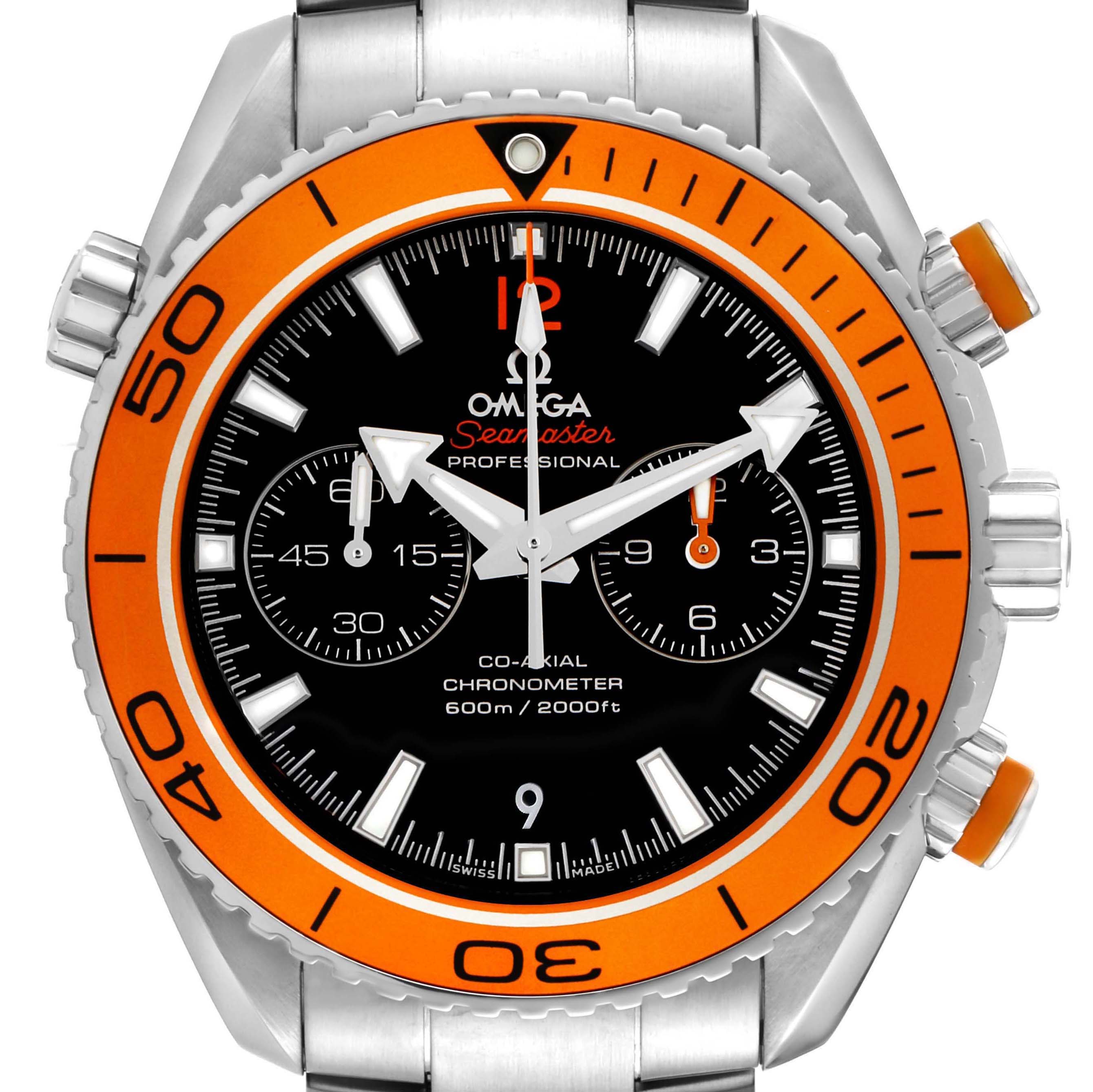 The Omega Planet Ocean 232.30.46.51.01.002 Men's Stainless Steel Black Dial watch is shown from the front, displaying the dial, bezel, crown, and pushers.