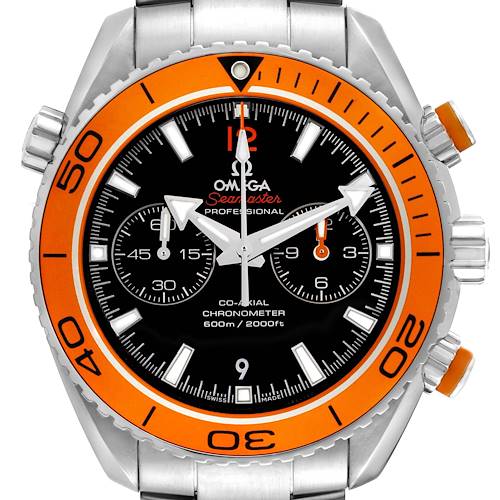 The Omega Planet Ocean 232.30.46.51.01.002 Men's Stainless Steel Black Dial watch is shown from the front, highlighting its black dial, orange bezel, and chronograph features.