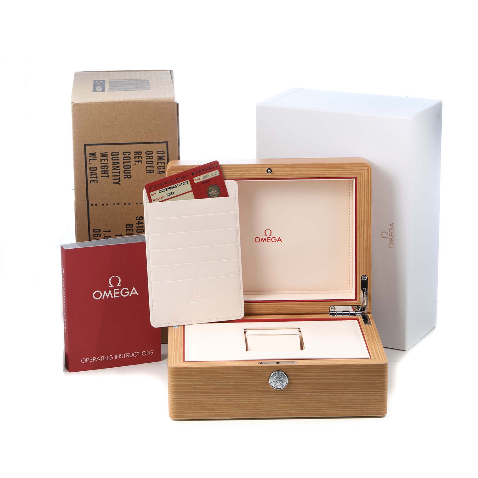 The image shows the Omega Planet Ocean 232.30.46.51.01.002 Men's Stainless Steel Black Dial watch's packaging, including a wooden box, outer box, operating manual, and warranty cards.