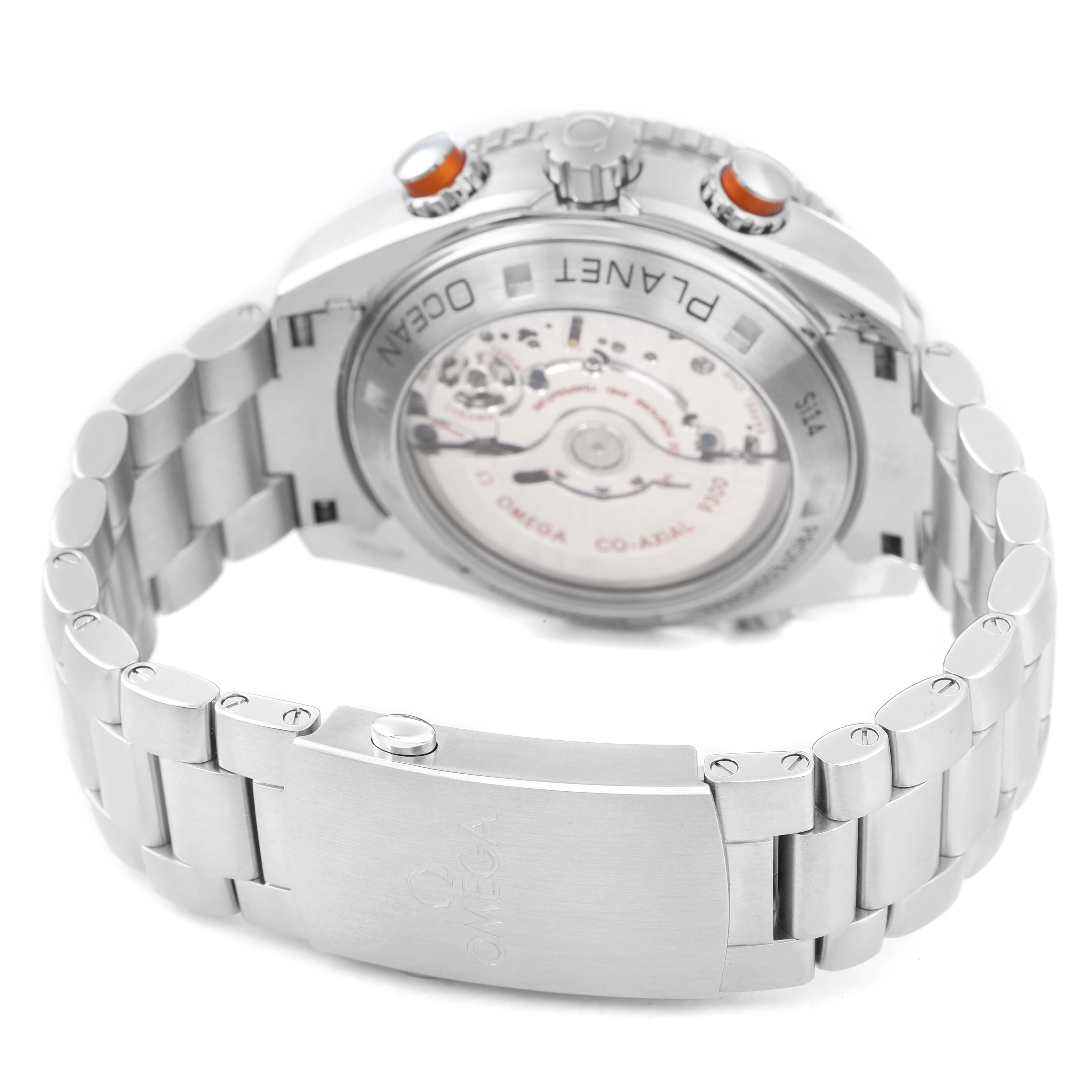 The Omega Planet Ocean 232.30.46.51.01.002 Men's Stainless Steel Black Dial watch is shown from the back, displaying the case back, crown, pushers, and metal bracelet.