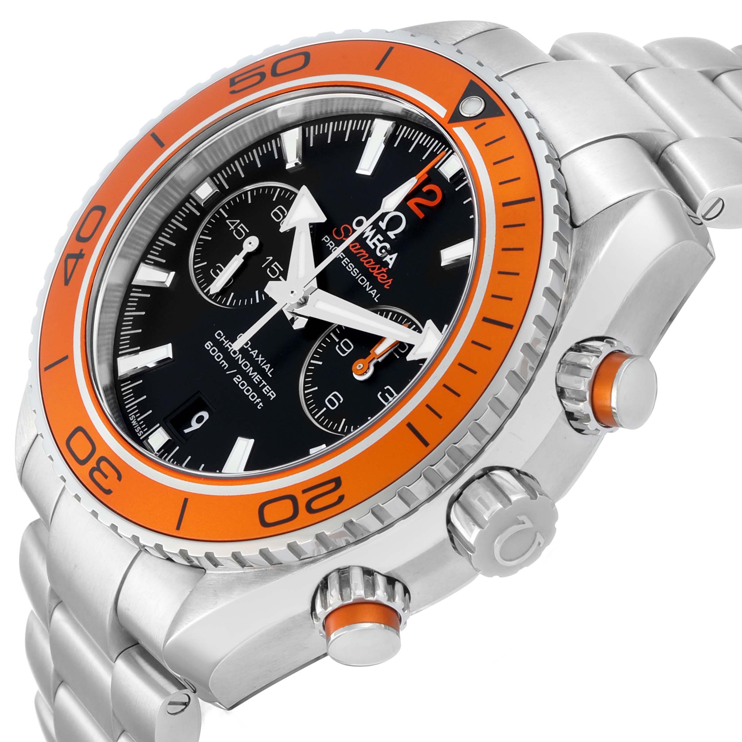 The Omega Planet Ocean 232.30.46.51.01.002 Men's Stainless Steel Black Dial watch is shown at a slight angle, highlighting the orange bezel, chronograph dials, and steel bracelet.