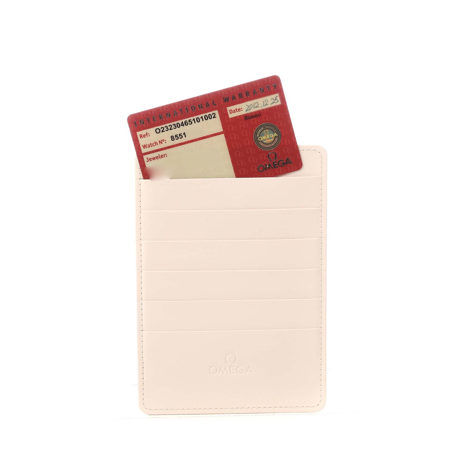 The image shows an Omega warranty card partially inserted in a cream cardholder, with the Omega logo visible.
