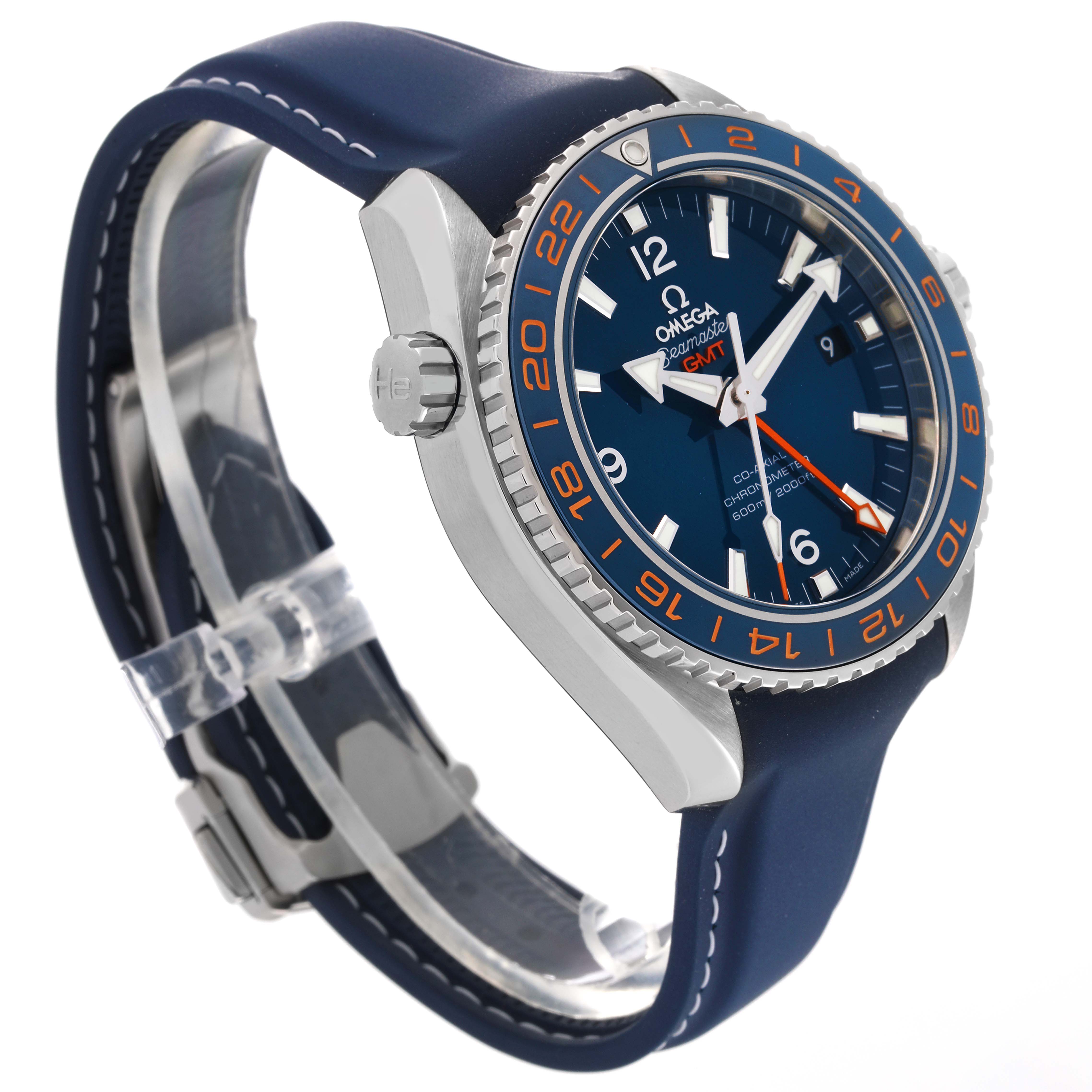 The image displays a side and front angle of the Omega Planet Ocean 232.32.44.22.03.001 Men
s Stainless Steel Blue Dial 232.32.44.22.03.001 Men
s Stainless Steel Blue Dial watch, highlighting its blue bezel, dial, and blue rubber strap.