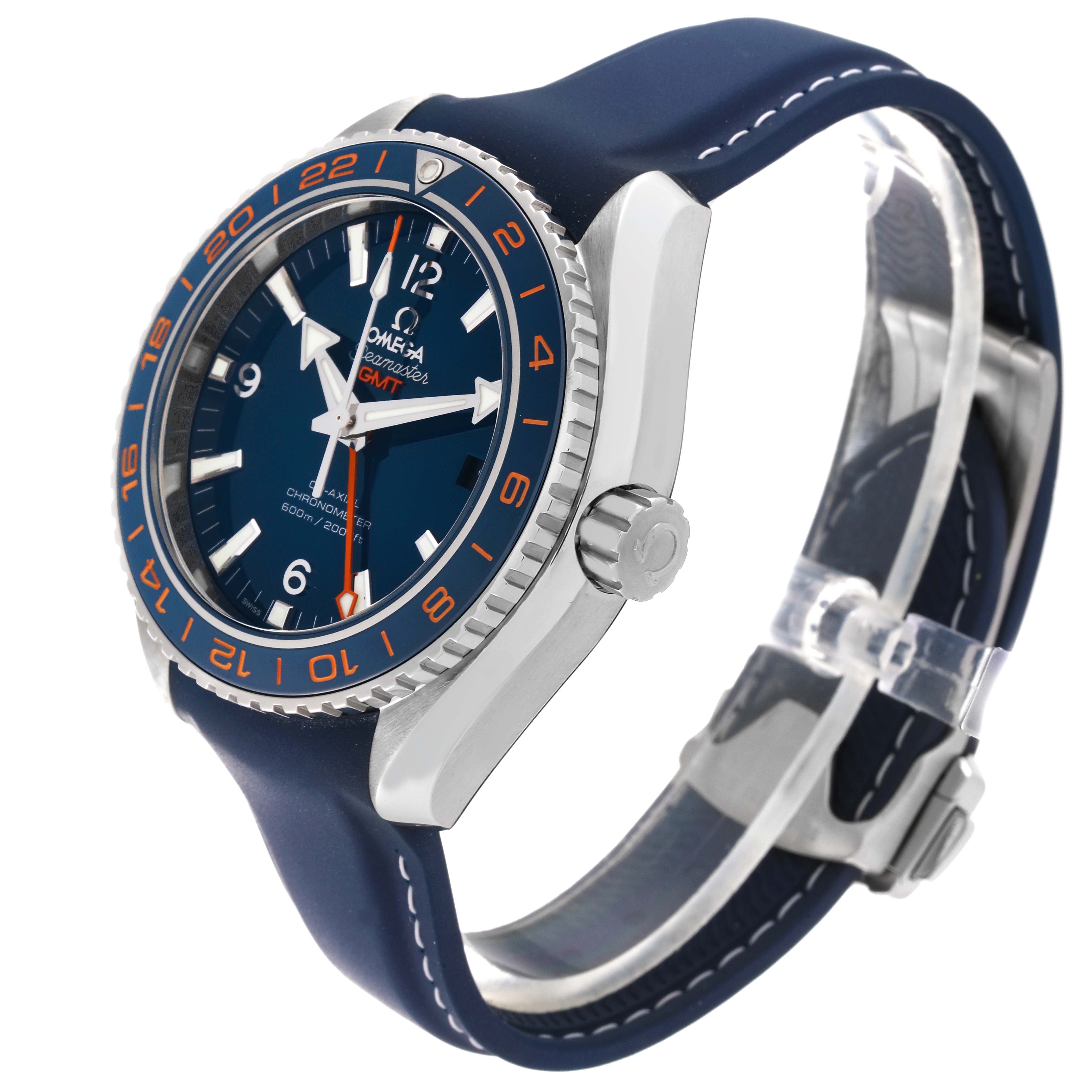 The Omega Planet Ocean 232.32.44.22.03.001 Men
s Stainless Steel Blue Dial 232.32.44.22.03.001 Men
s Stainless Steel Blue Dial watch is shown at a slight angle, highlighting the face, bezel, crown, and part of the strap.