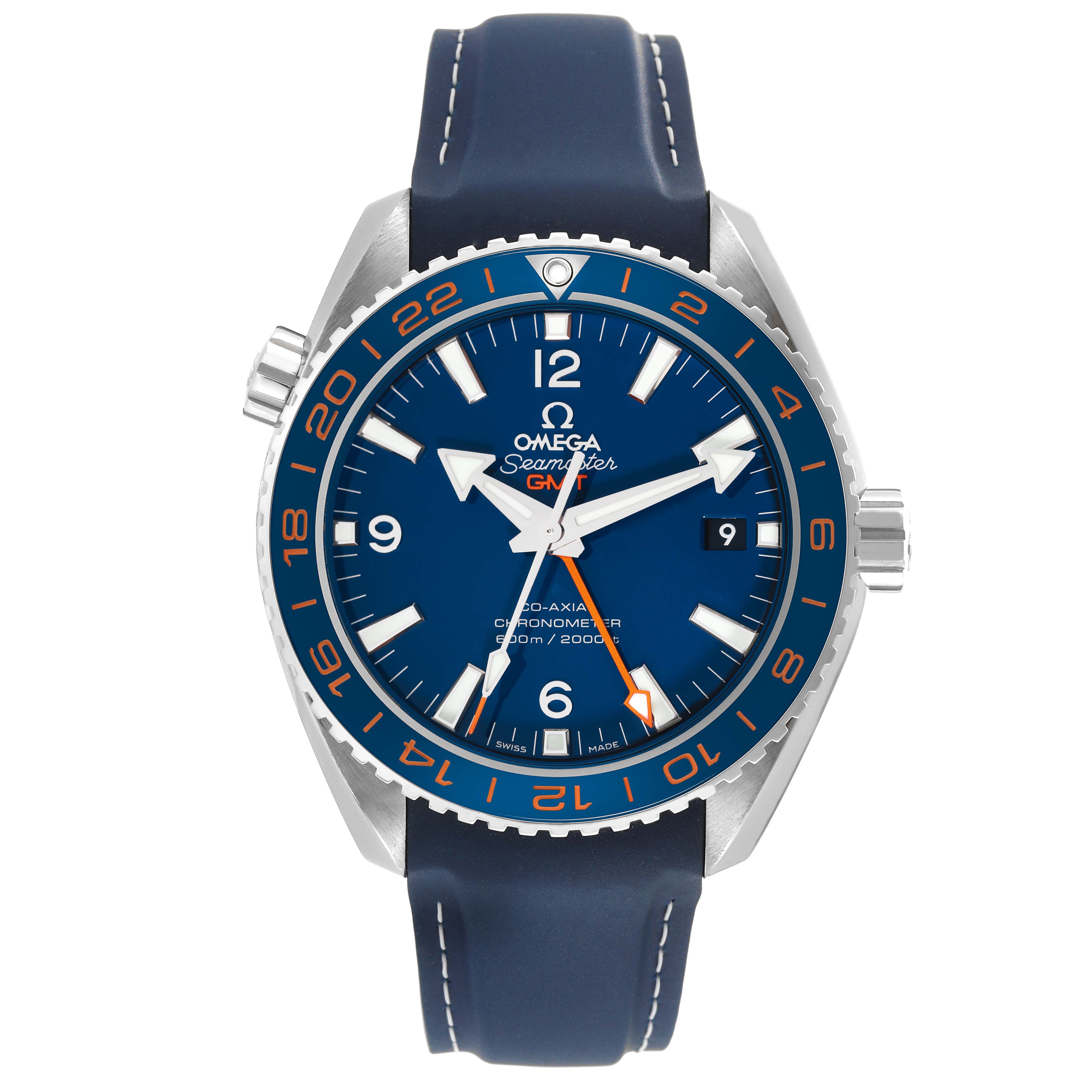 The image shows a frontal view of the Omega Planet Ocean 232.32.44.22.03.001 Men
s Stainless Steel Blue Dial 232.32.44.22.03.001 Men
s Stainless Steel Blue Dial watch, highlighting the face, bezel, crown, and strap.