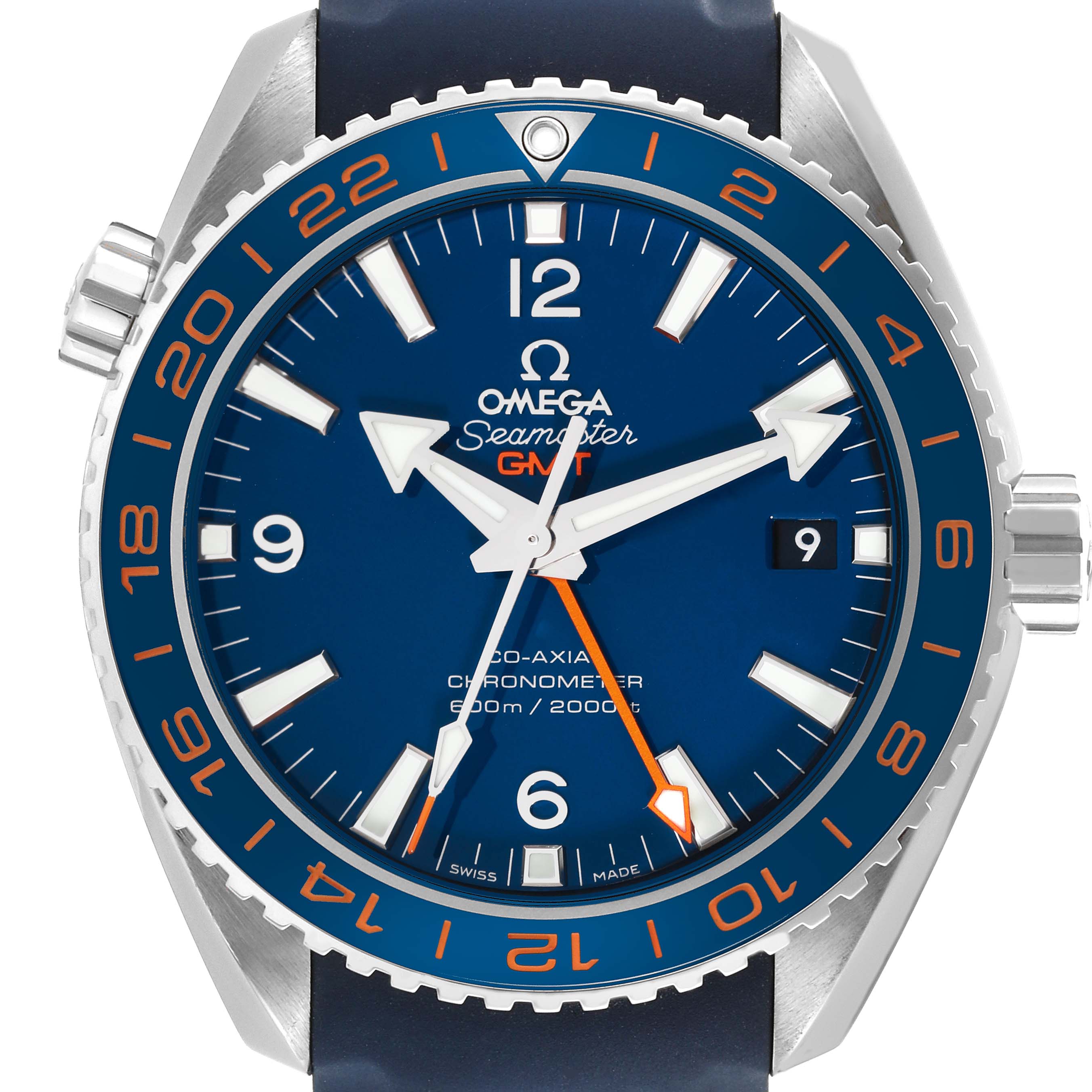 The image shows a front view of the Omega Seamaster Planet Ocean GMT watch, highlighting its blue dial, bezel, and strap.