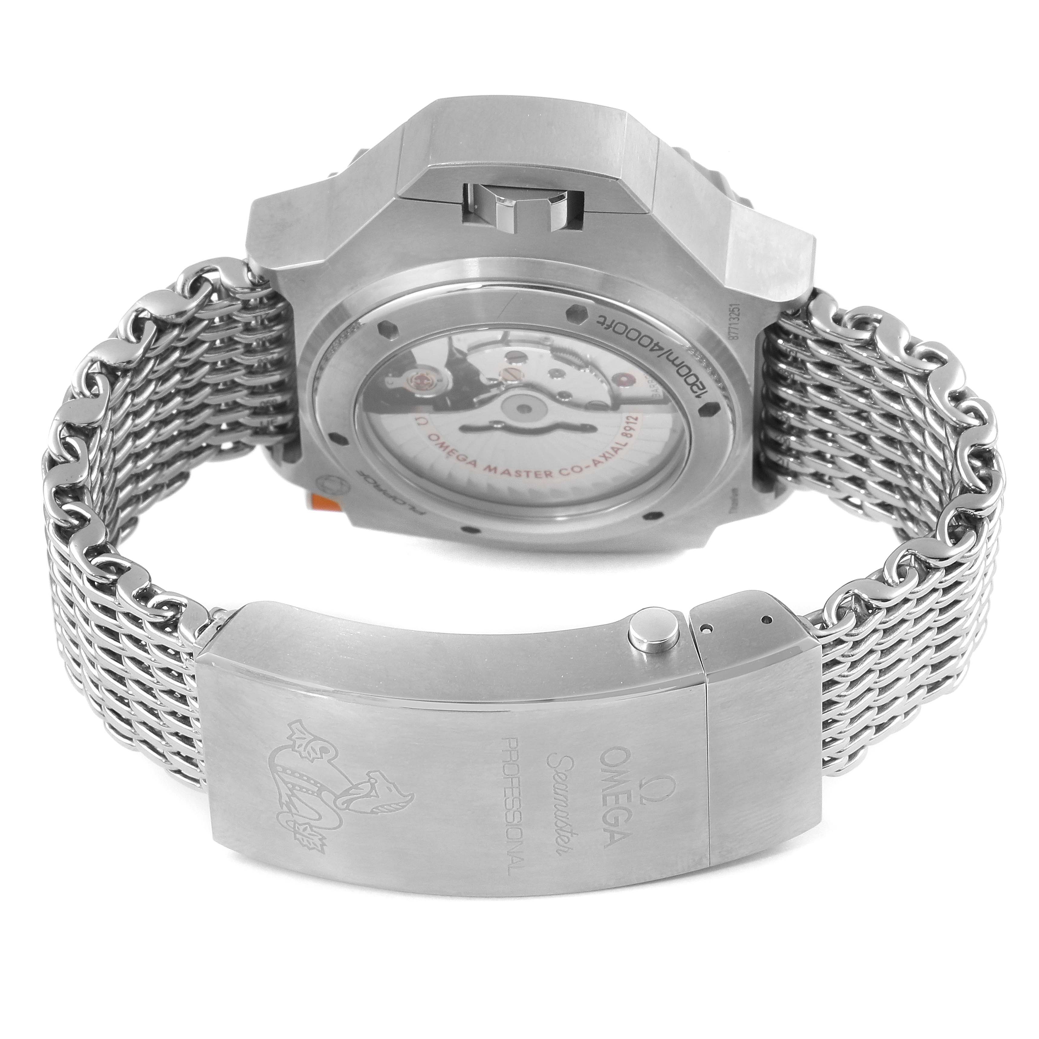 The image shows the back view of an Omega Ploprof 227.90.55.21.04.001 Men's Titanium White Dial 227.90.55.21.04.001 Men's Titanium White Dial watch, highlighting the case back, bracelet, and clasp.