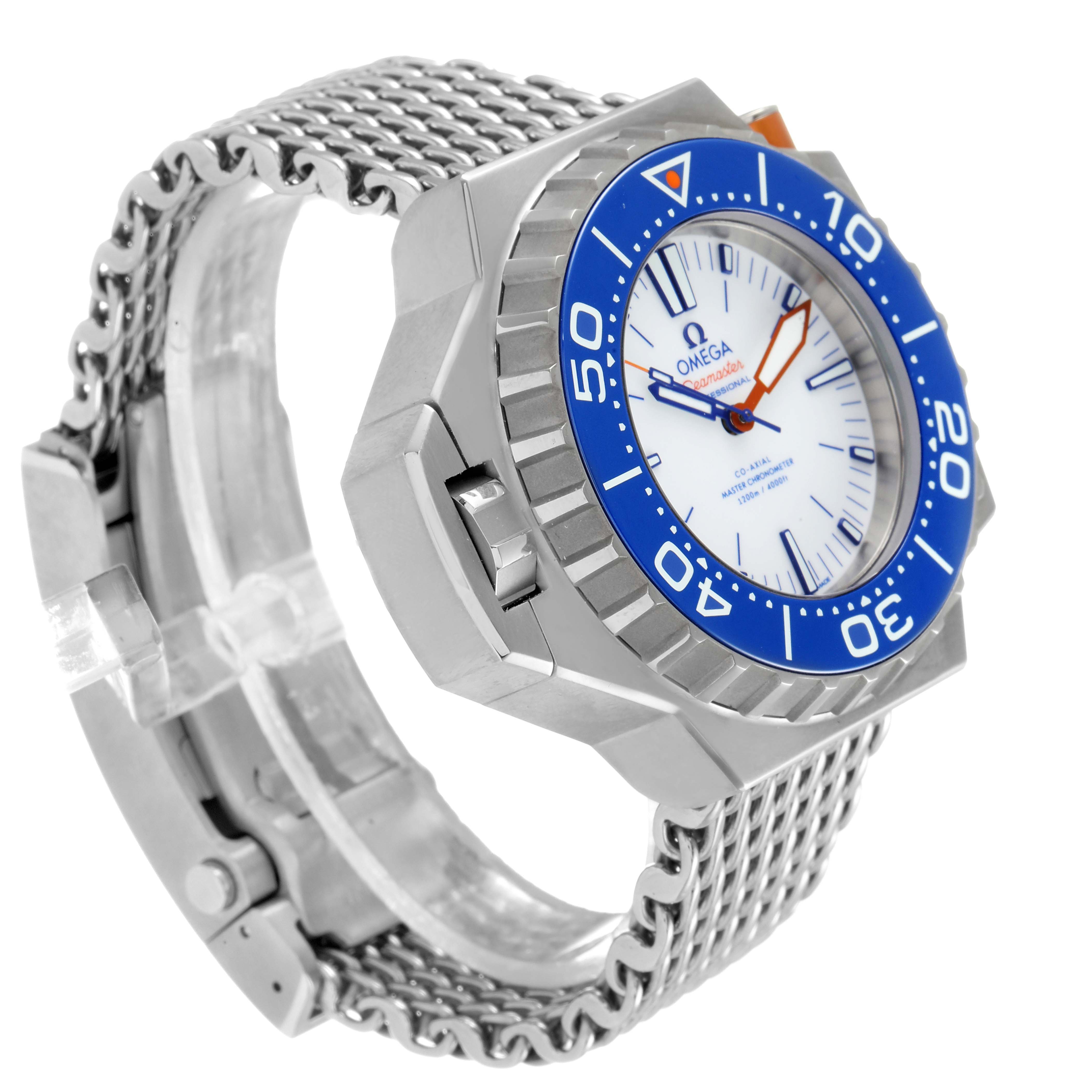 The Omega Ploprof 227.90.55.21.04.001 Men's Titanium White Dial 227.90.55.21.04.001 Men's Titanium White Dial watch is shown at a three-quarter angle, highlighting its face, bezel, and metal bracelet.