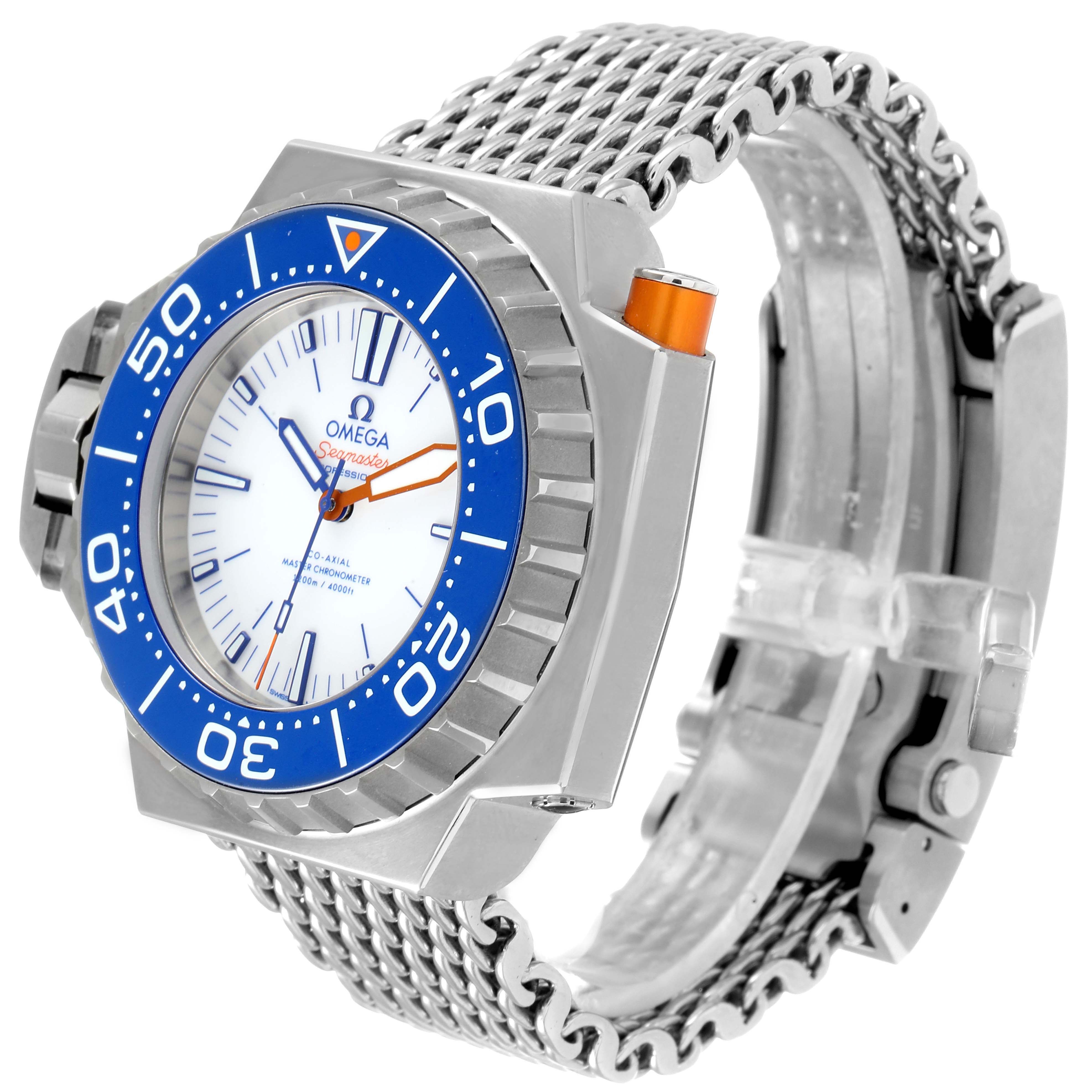 The image shows an angled view of the Omega Ploprof 227.90.55.21.04.001 Men's Titanium White Dial 227.90.55.21.04.001 Men's Titanium White Dial watch, highlighting its blue bezel, white dial, and metal mesh strap.