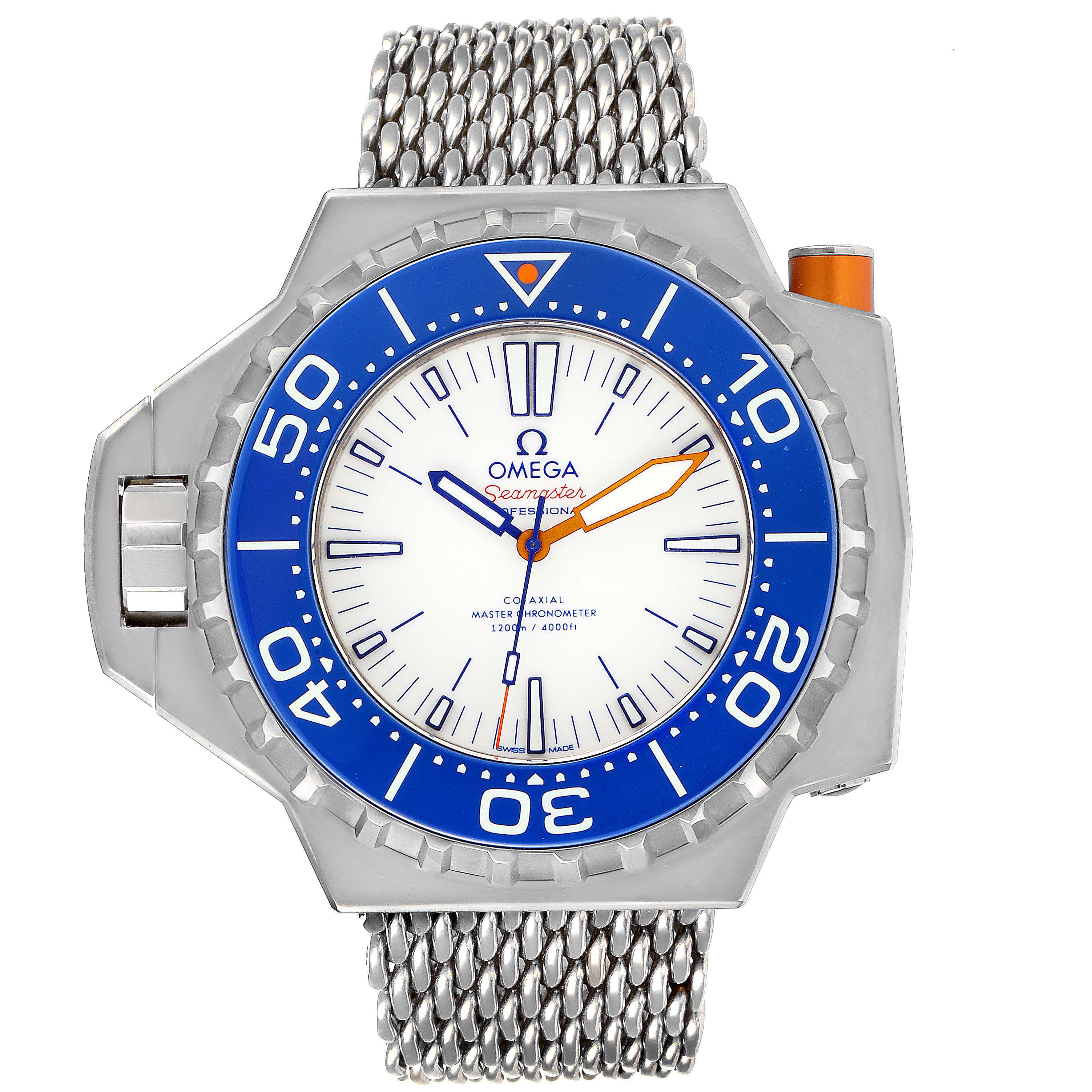 This image shows a front view of the Omega Ploprof 227.90.55.21.04.001 Men's Titanium White Dial 227.90.55.21.04.001 Men's Titanium White Dial model watch, highlighting its blue bezel, white dial, and metal mesh bracelet.