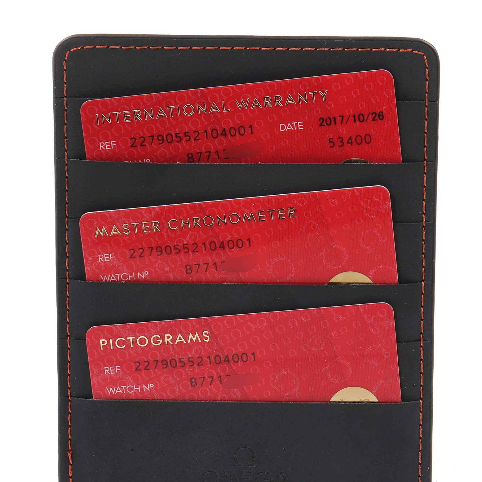 The image shows warranty, master chronometer, and pictogram cards for an Omega Ploprof 227.90.55.21.04.001 Men's Titanium White Dial 227.90.55.21.04.001 Men's Titanium White Dial model watch, in a black cardholder.