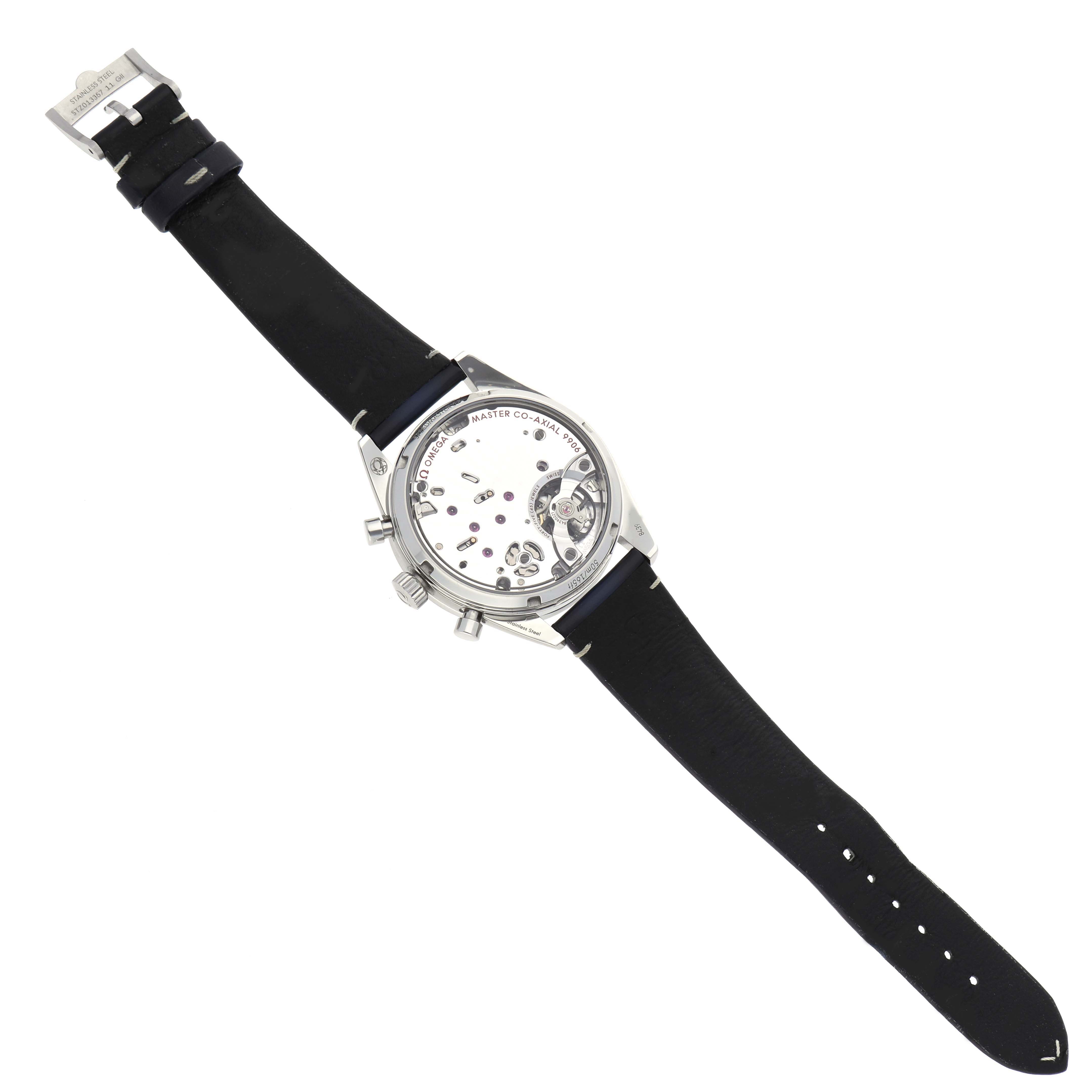 This image shows the back view of an Omega Speedmaster 332.12.41.51.03.001 Men
s Stainless Steel Blue Dial 332.12.41.51.03.001 Men
s Stainless Steel Blue Dial watch, revealing its inner mechanics and casing.