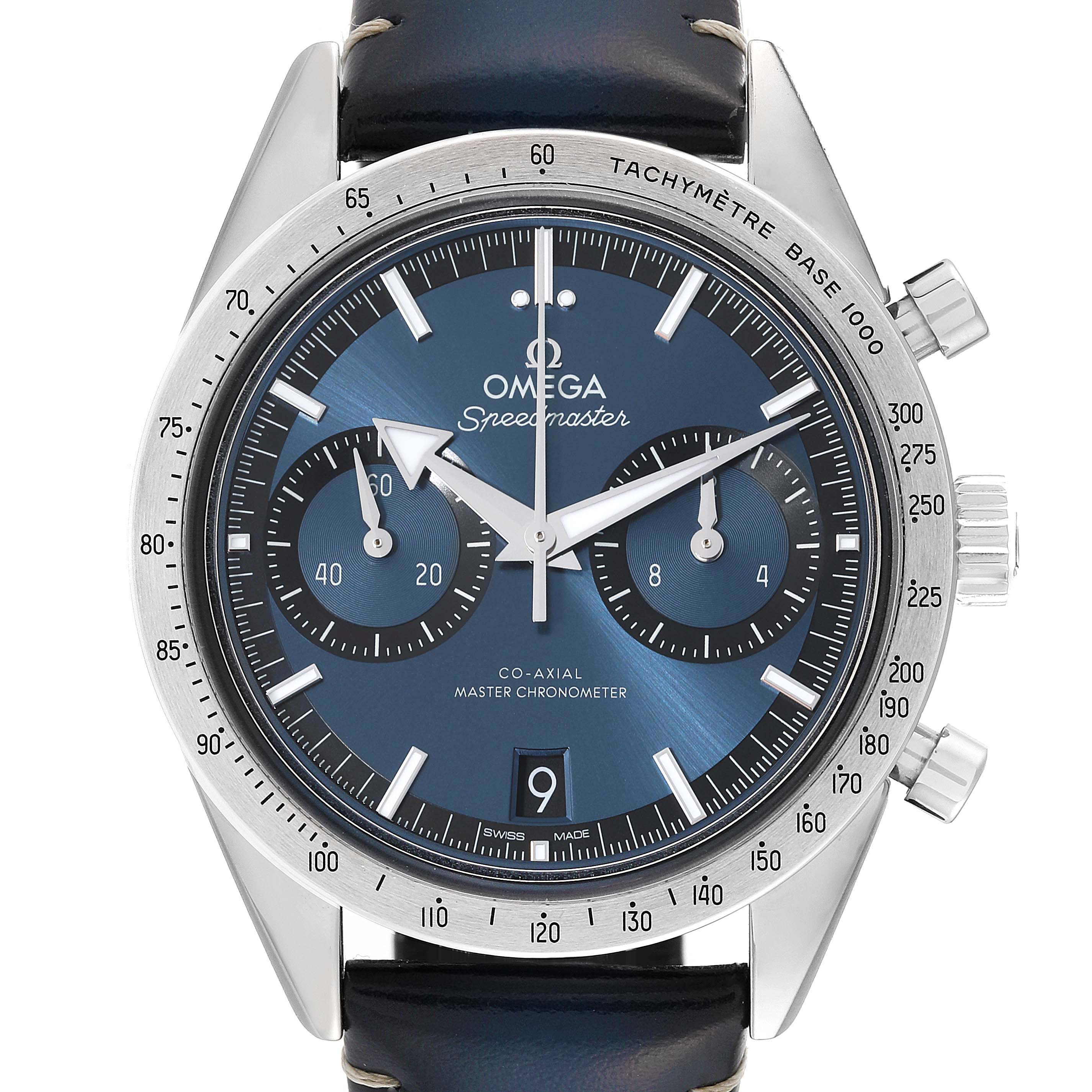 This image shows a front view of an Omega Speedmaster 332.12.41.51.03.001 Men
s Stainless Steel Blue Dial 332.12.41.51.03.001 Men
s Stainless Steel Blue Dial watch, displaying its dial, bezel, pushers, and part of the leather strap.