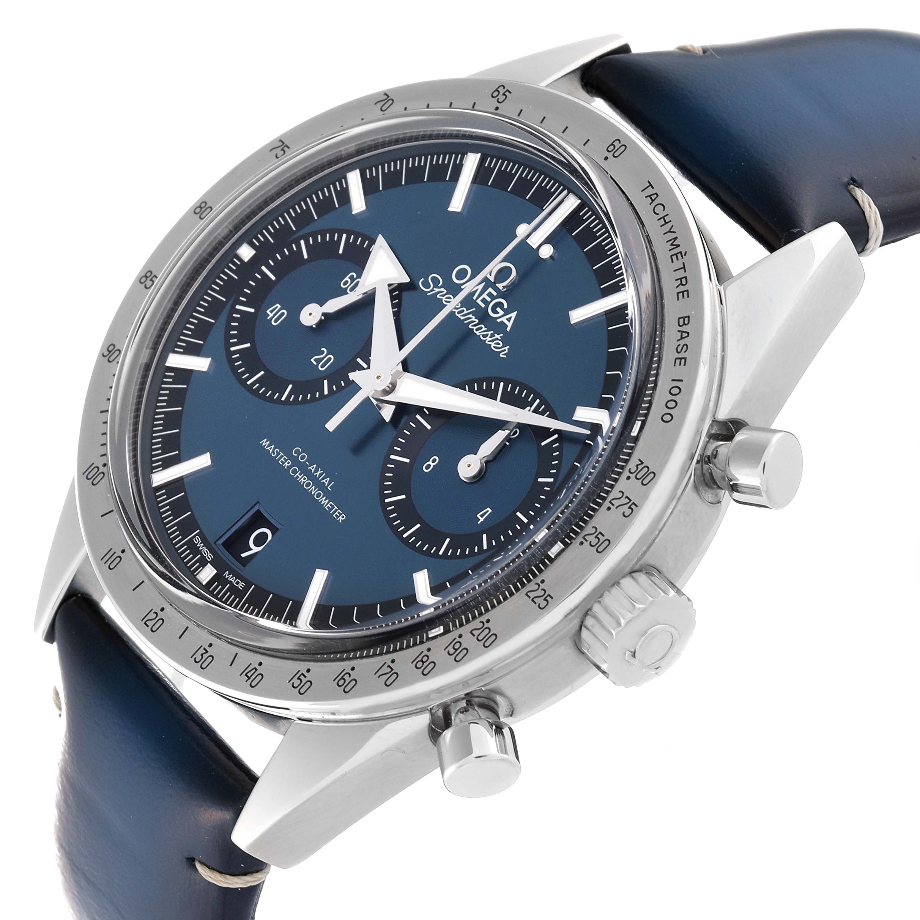 The image shows an angled view of an Omega Speedmaster 332.12.41.51.03.001 Men
s Stainless Steel Blue Dial 332.12.41.51.03.001 Men
s Stainless Steel Blue Dial, highlighting the dial, crown, pushers, and tachymeter bezel.