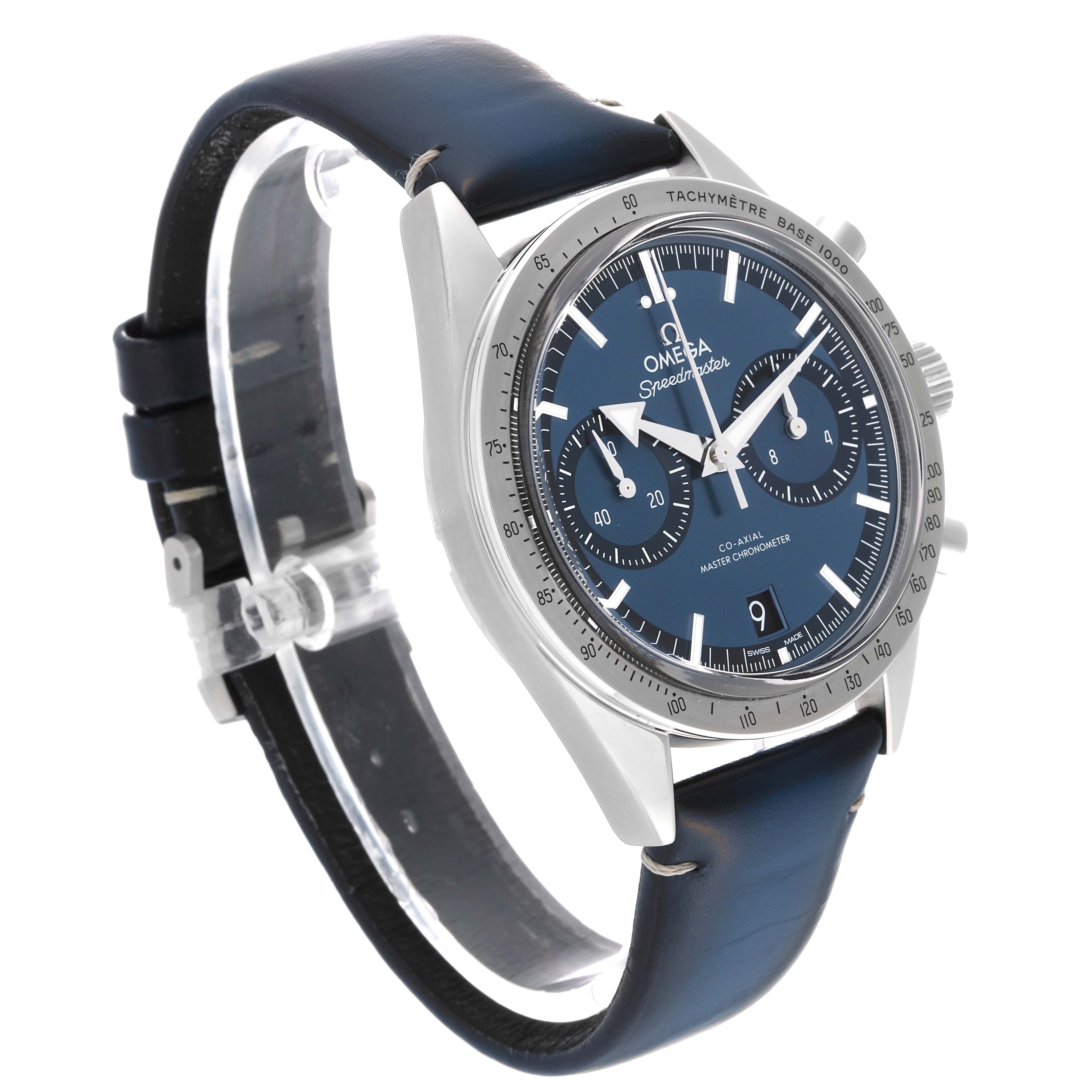 The image shows an Omega Speedmaster 332.12.41.51.03.001 Men
s Stainless Steel Blue Dial 332.12.41.51.03.001 Men
s Stainless Steel Blue Dial watch at a three-quarter angle, highlighting its blue dial, chronograph subdials, and tachymeter bezel.