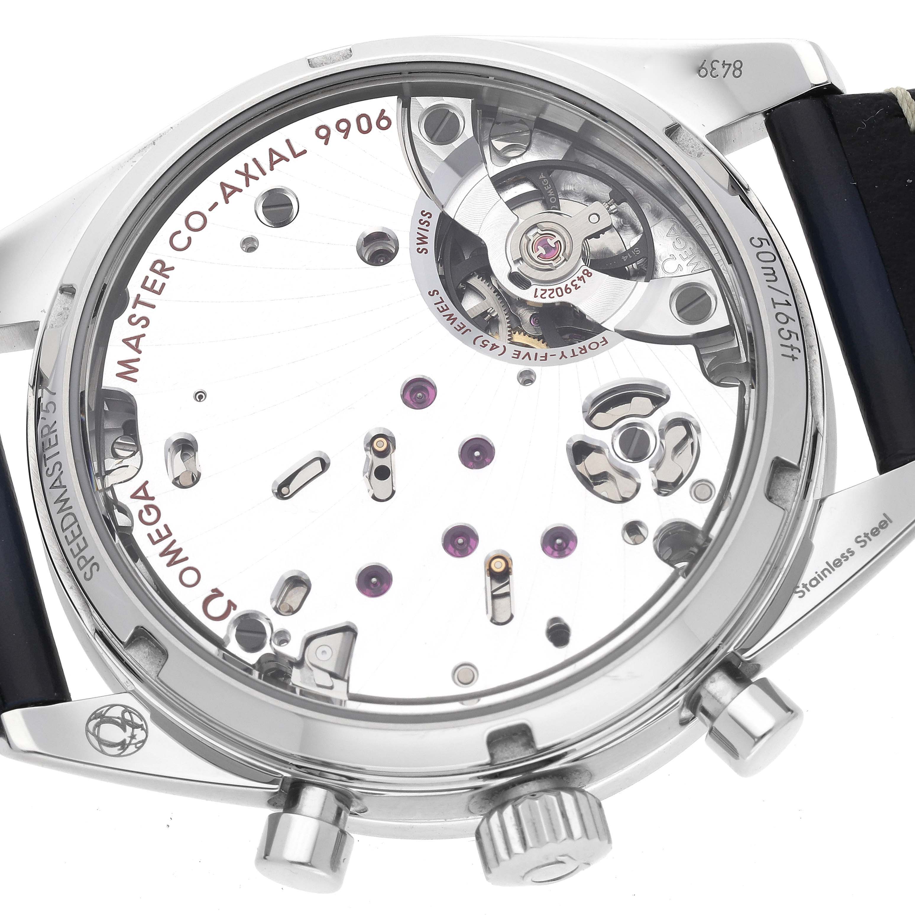 This is a close-up of the Omega Speedmaster 332.12.41.51.03.001 Men
s Stainless Steel Blue Dial 332.12.41.51.03.001 Men
s Stainless Steel Blue Dial
s case back, showing the Master Co-Axial 9906 movement and detailing.