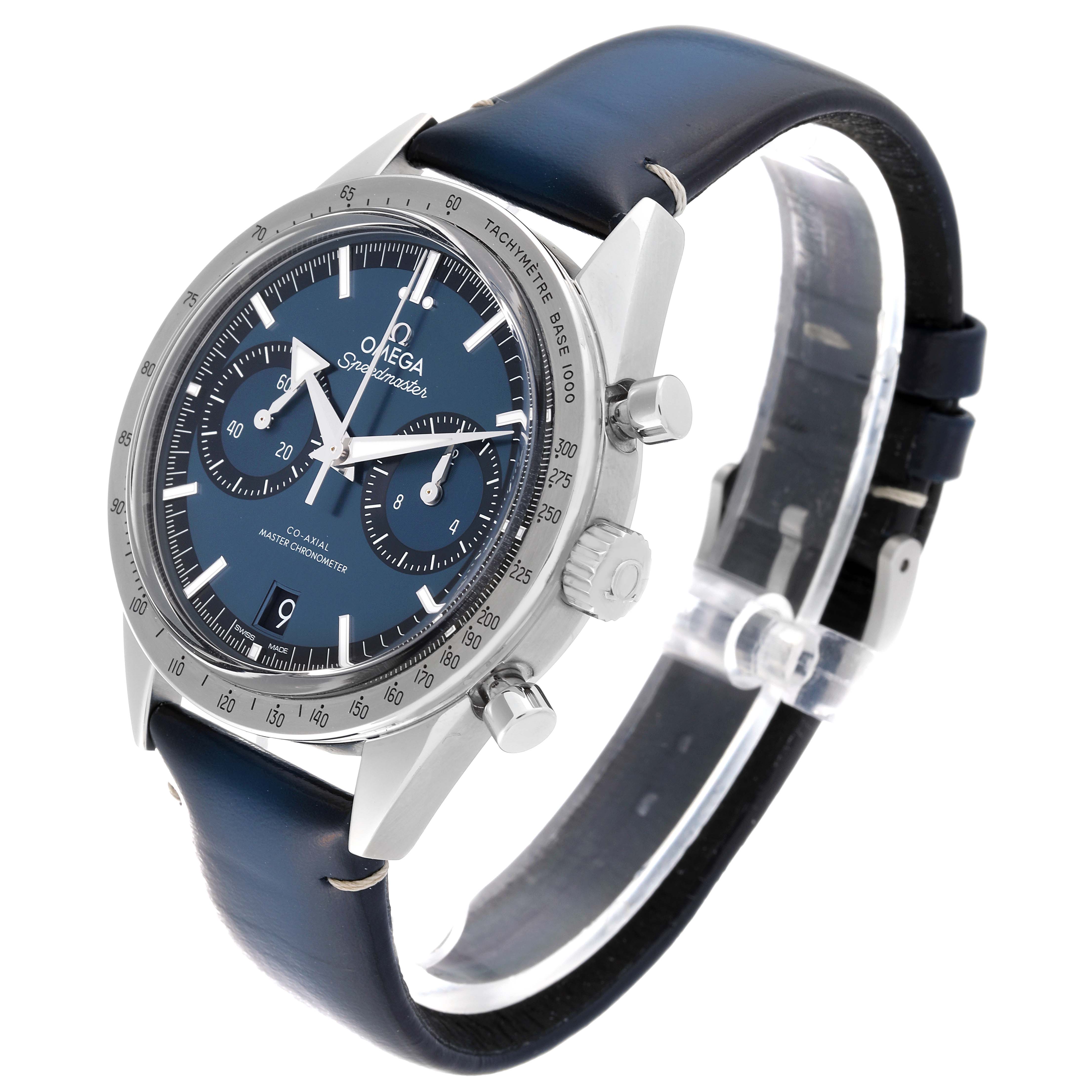 The image shows an Omega Speedmaster 332.12.41.51.03.001 Men
s Stainless Steel Blue Dial 332.12.41.51.03.001 Men
s Stainless Steel Blue Dial watch from a front angle, highlighting its face, bezel, crown, pushers, and strap.