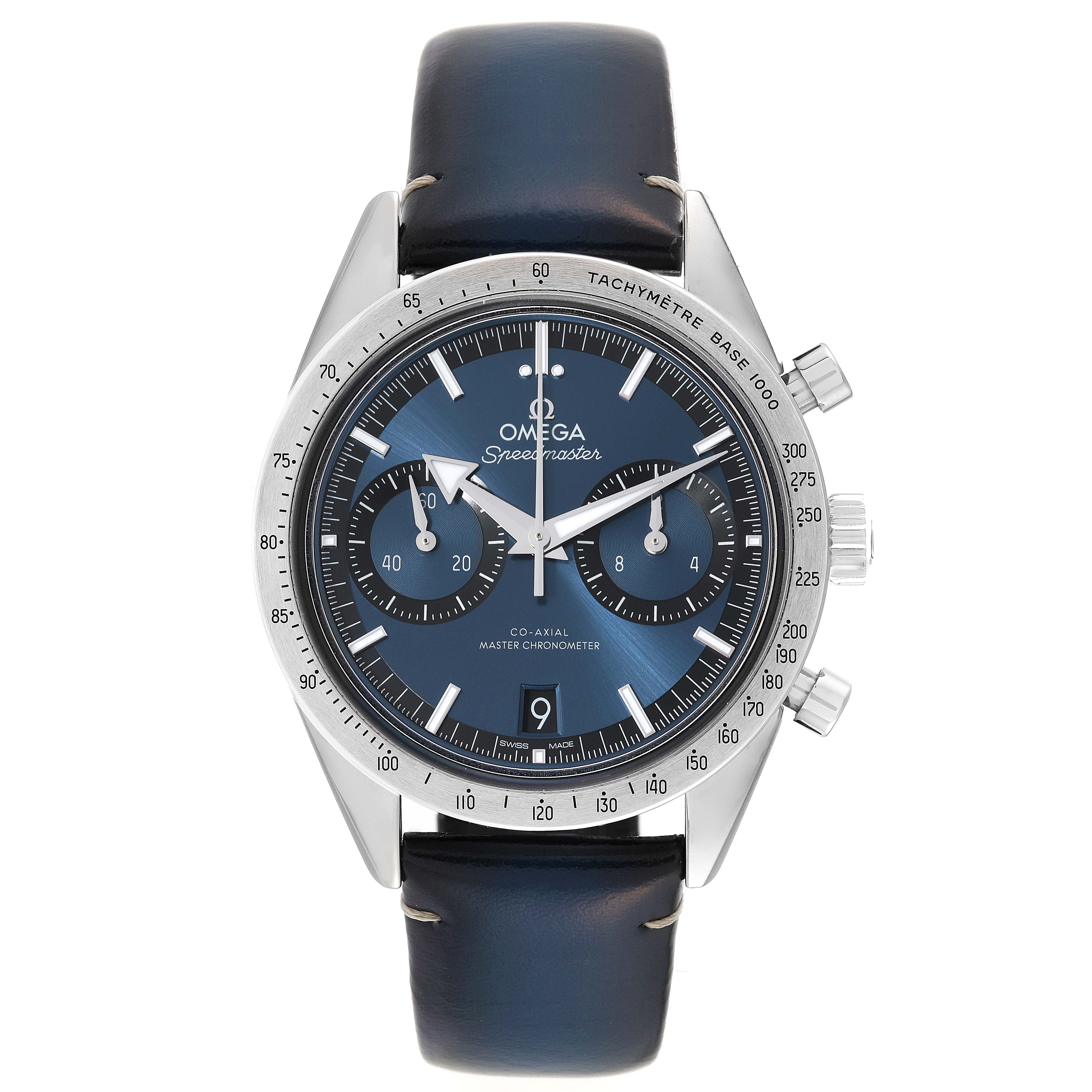 The image shows a front view of an Omega Speedmaster 332.12.41.51.03.001 Men
s Stainless Steel Blue Dial 332.12.41.51.03.001 Men
s Stainless Steel Blue Dial watch, featuring the dial, bezel, and leather strap.